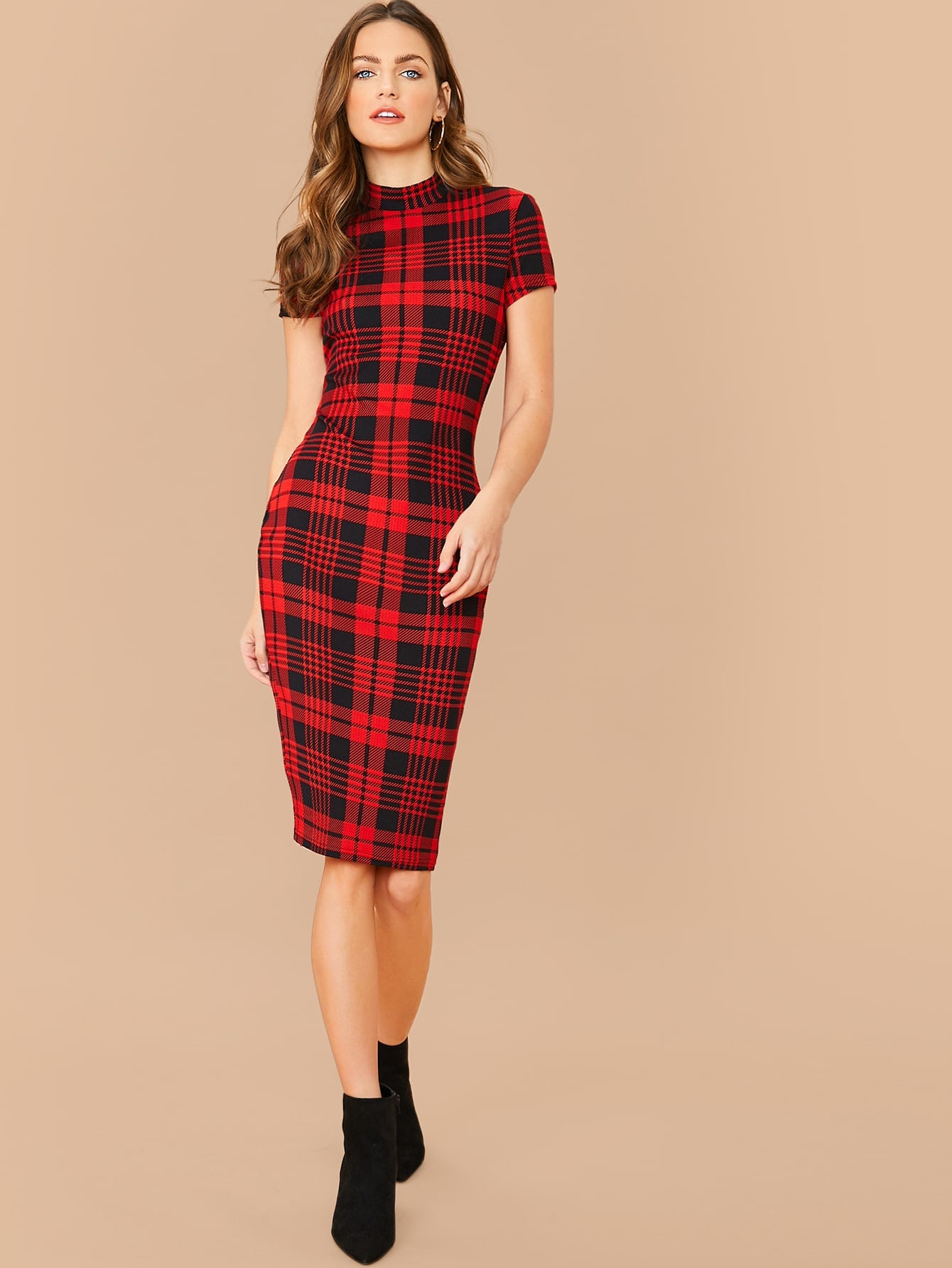 Mock Neck Plaid Bodycon Dress