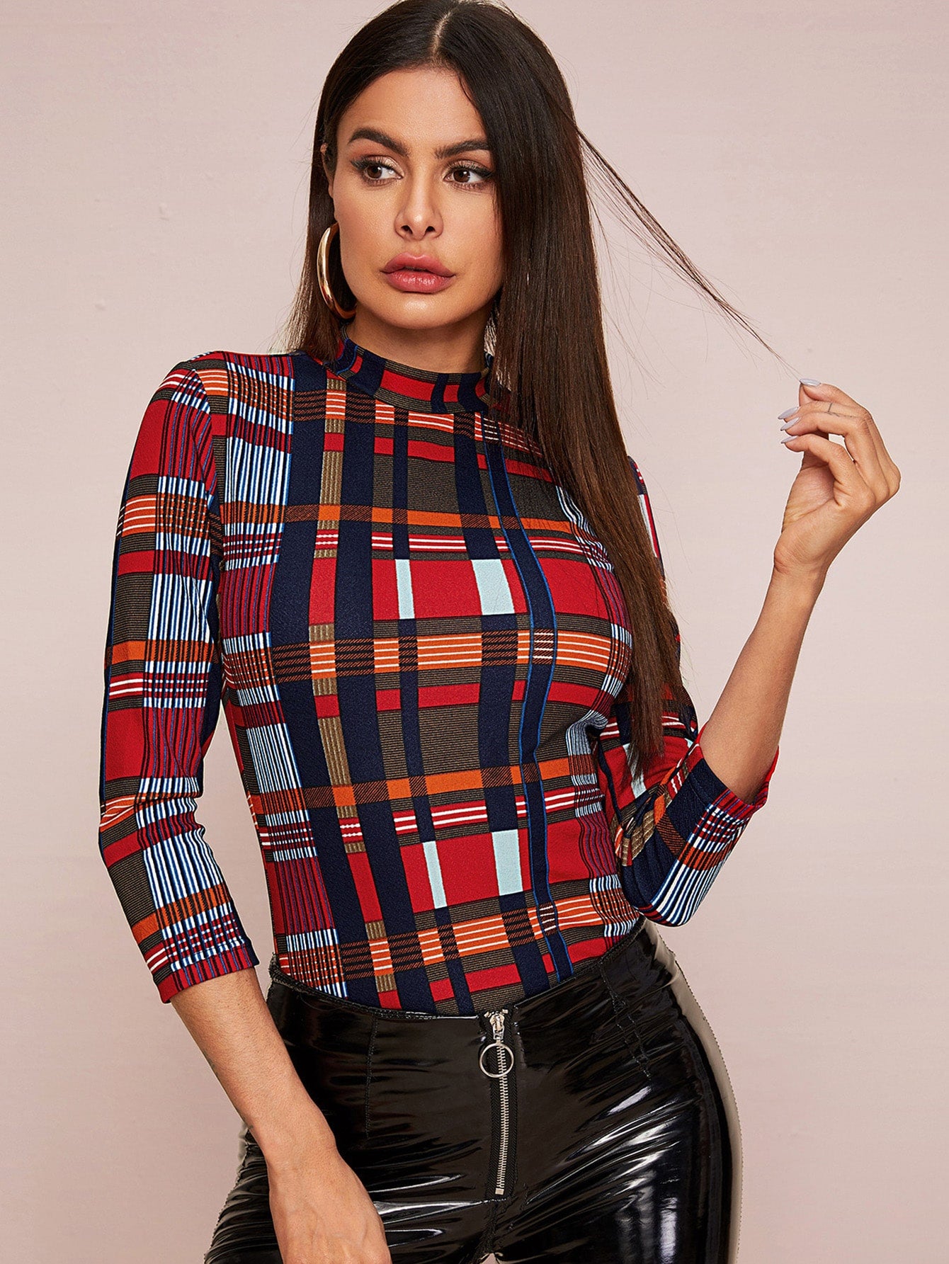 Mock Neck Plaid Fitted Top