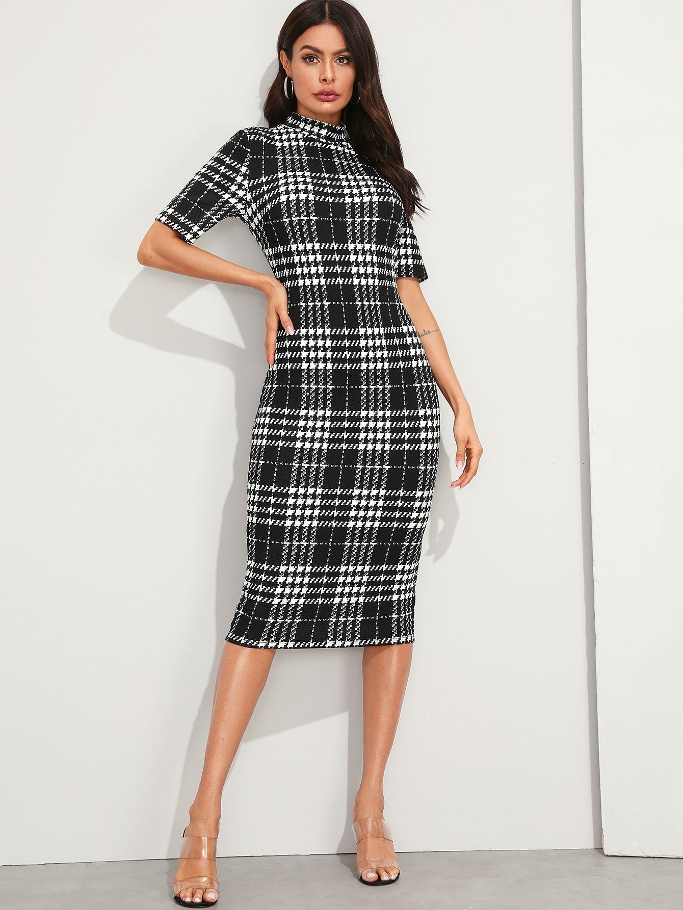 Mock Neck Plaid Pencil Dress