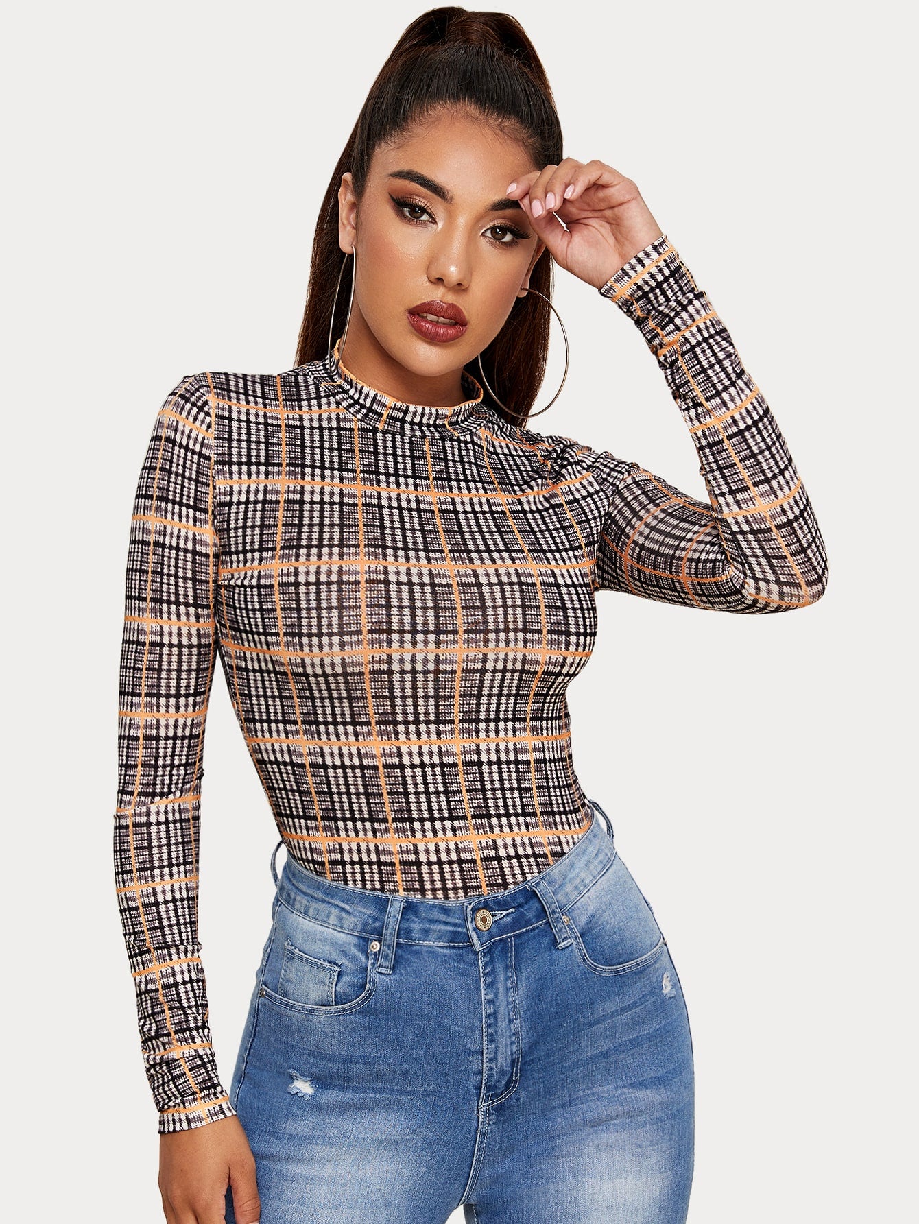 Mock Neck Plaid Top