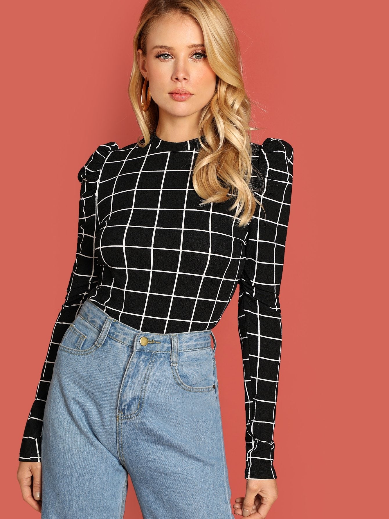 Mock-Neck Puff Sleeve Grid Top