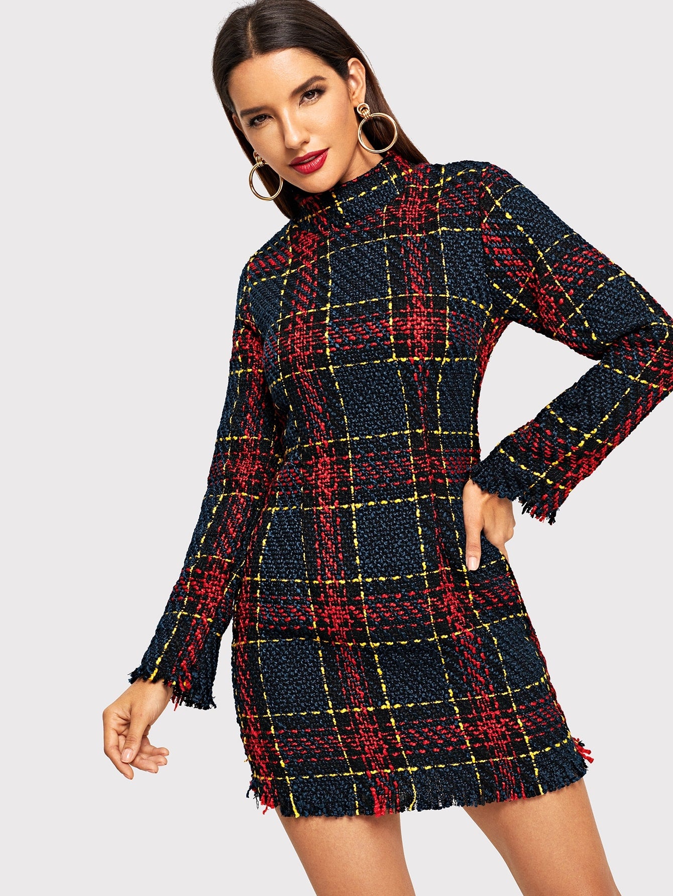 Mock Neck Raw Edge Tweed Dress