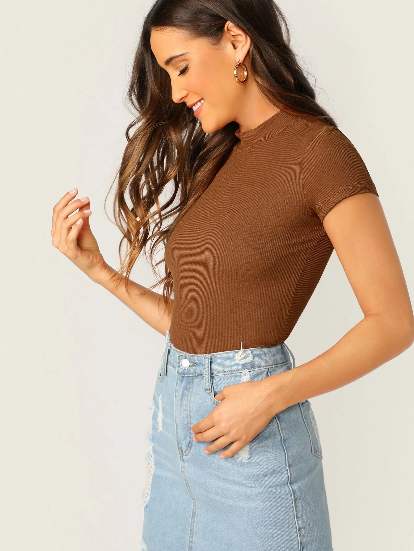 Mock-Neck Rib-knit Top - Brown