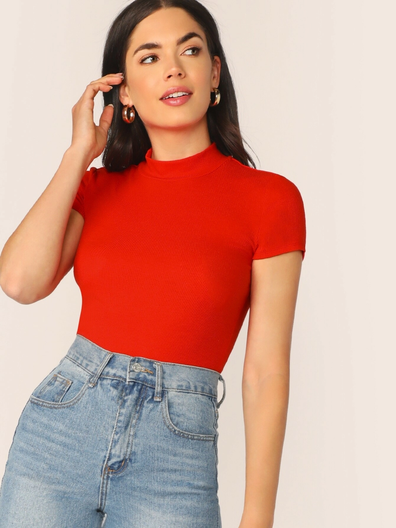 Mock-Neck Rib-knit Top - Red