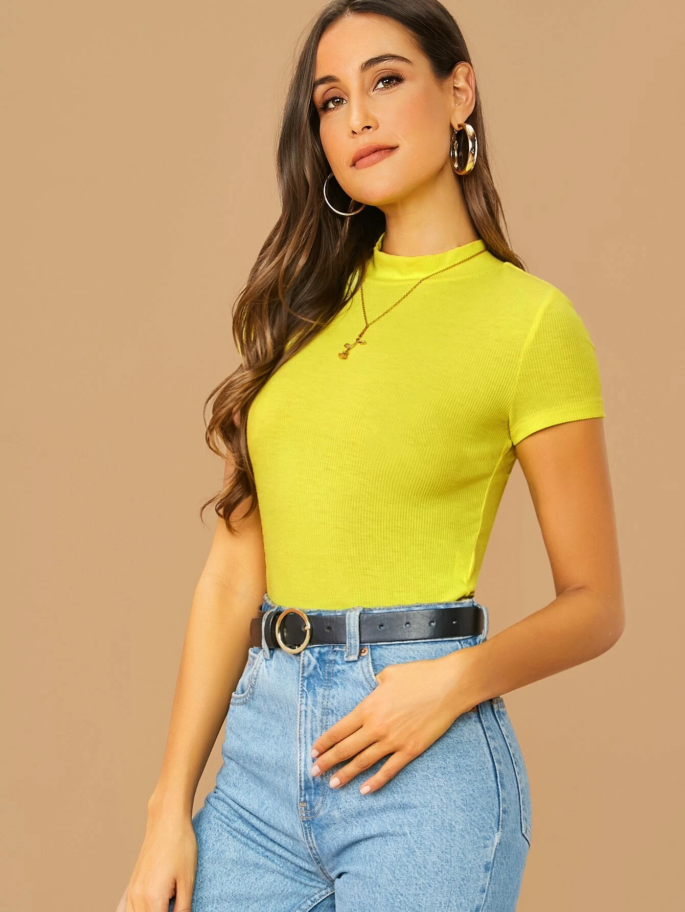 Mock-Neck Rib-knit Top - Yellow Bright