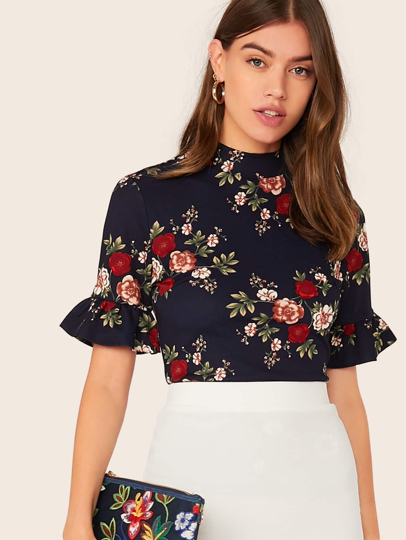 Mock-Neck Ruffle Cuff Floral Print Top