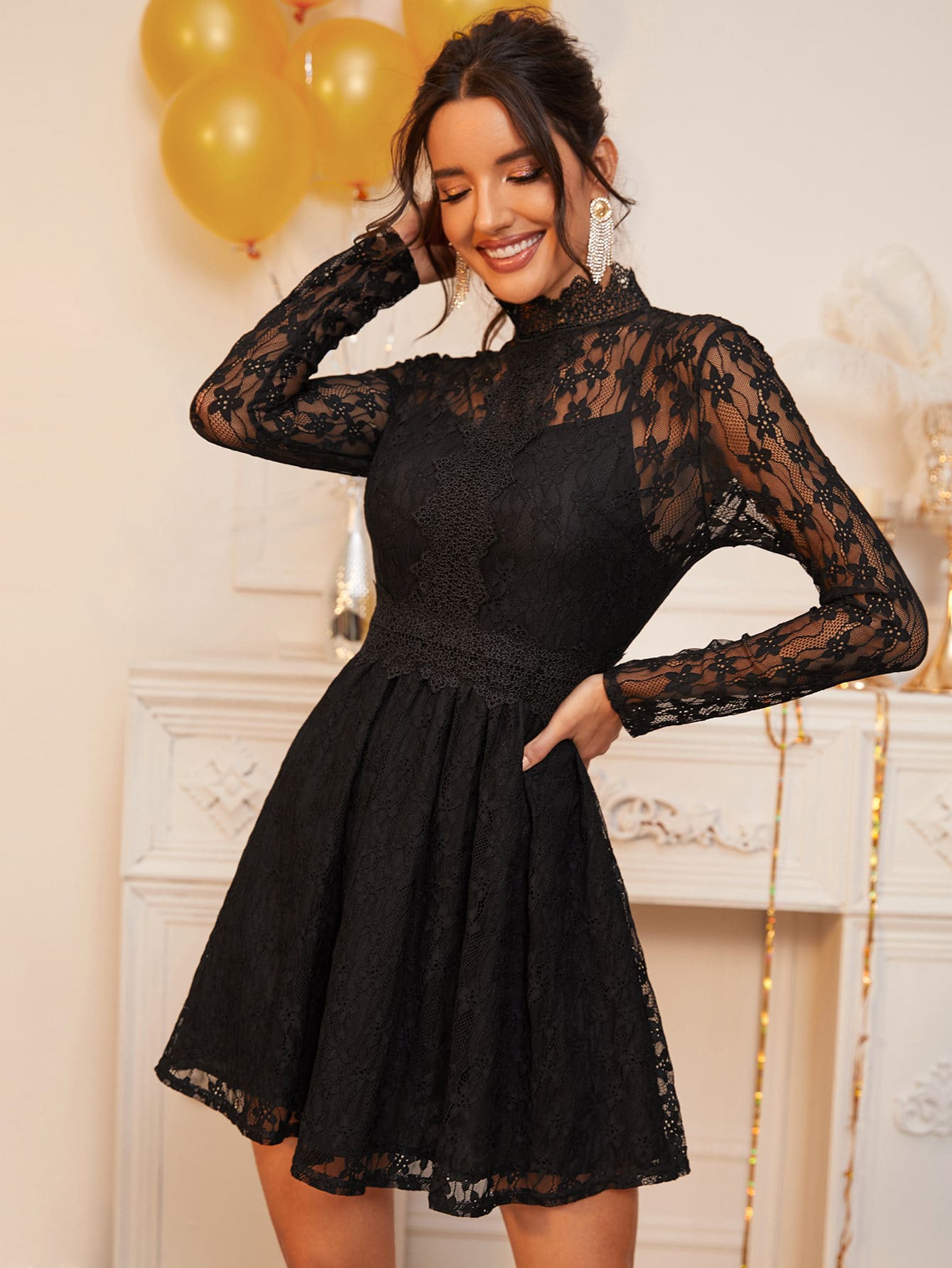 Mock Neck Sheer Lace Overlay Dress