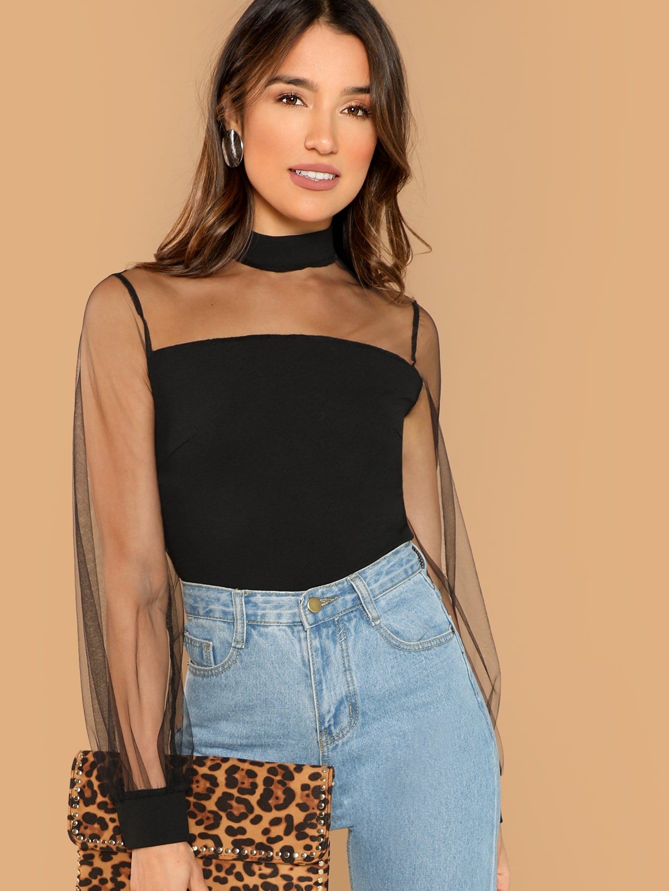 Mock Neck Sheer Mesh Yoke Blouse