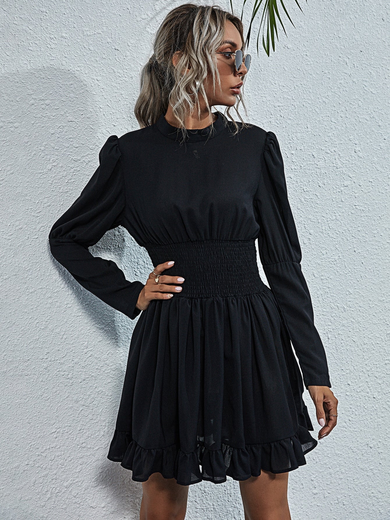 Mock Neck Shirred Waist Ruffle Hem Dress