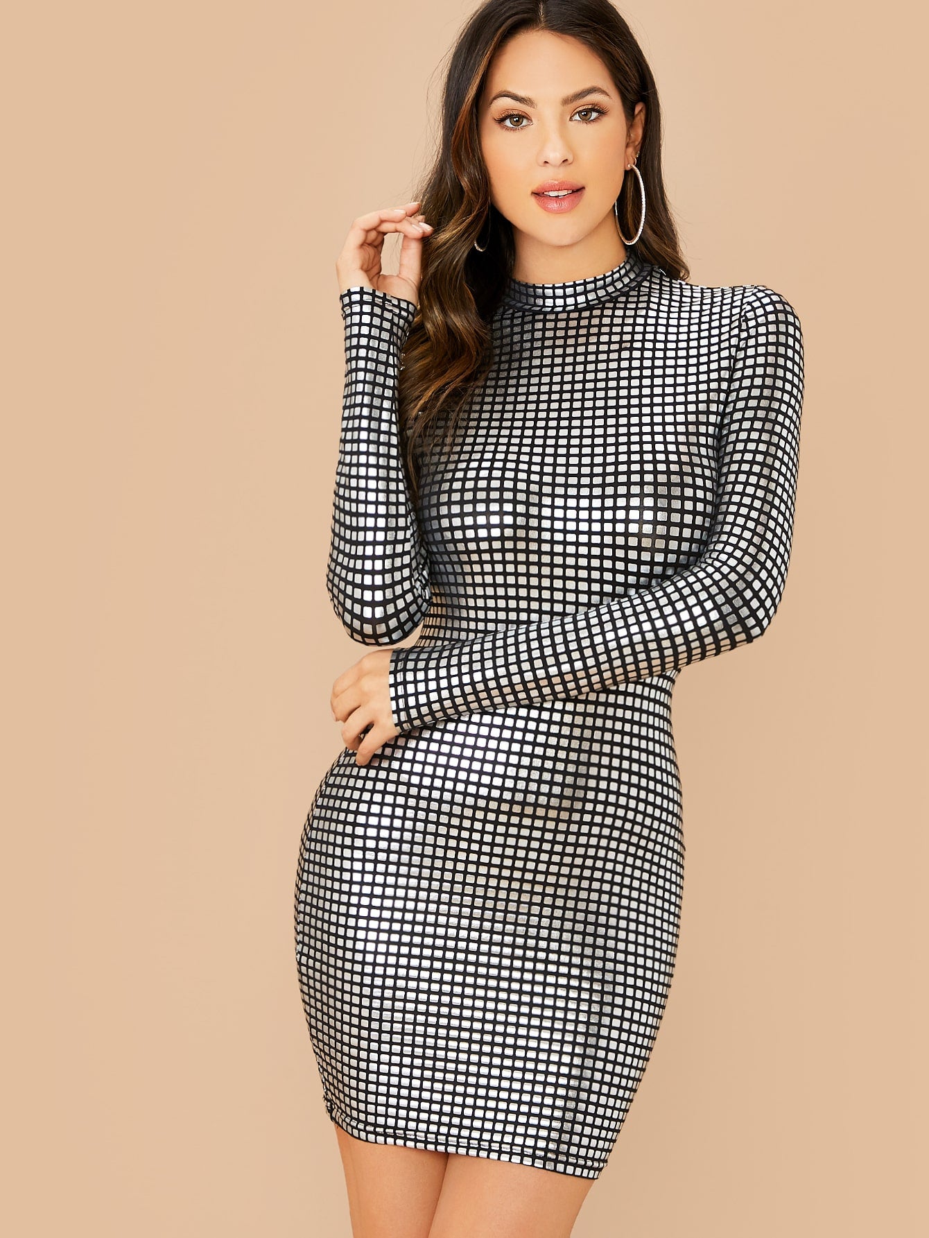 Mock Neck Silver Print Bodycon Dress