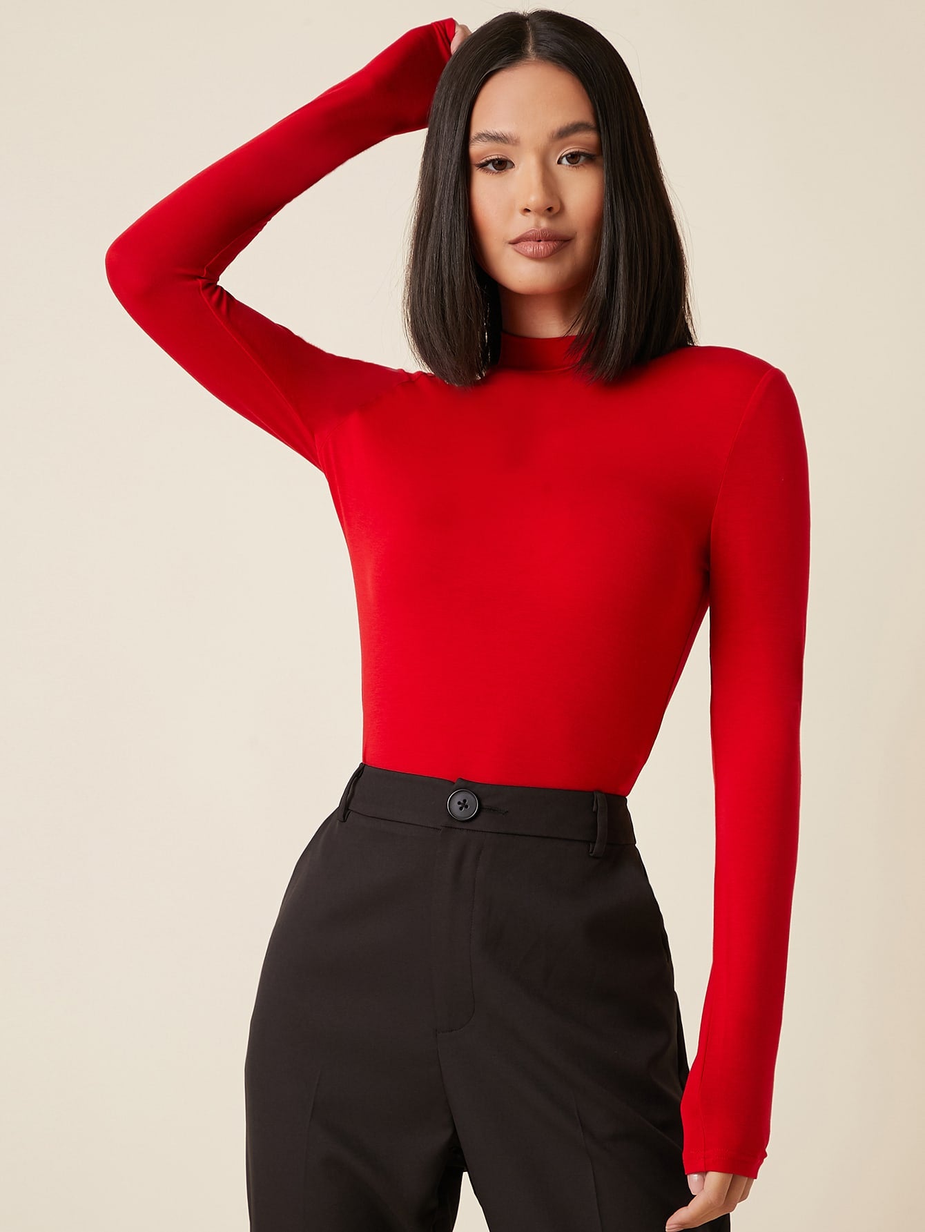 Mock Neck Solid Slim Crop Tee