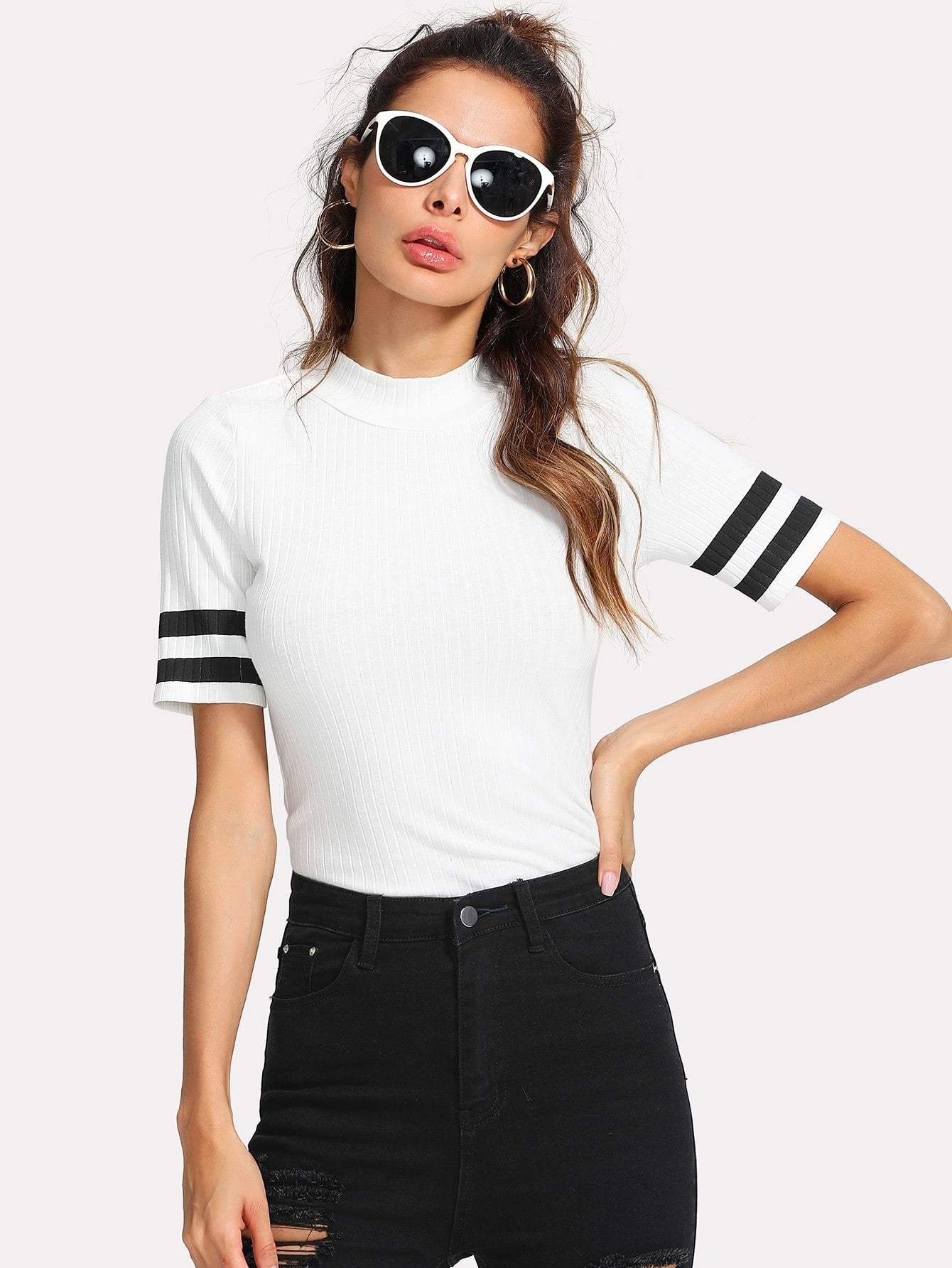 Mock Neck Striped Sleeve Ribbed Tee