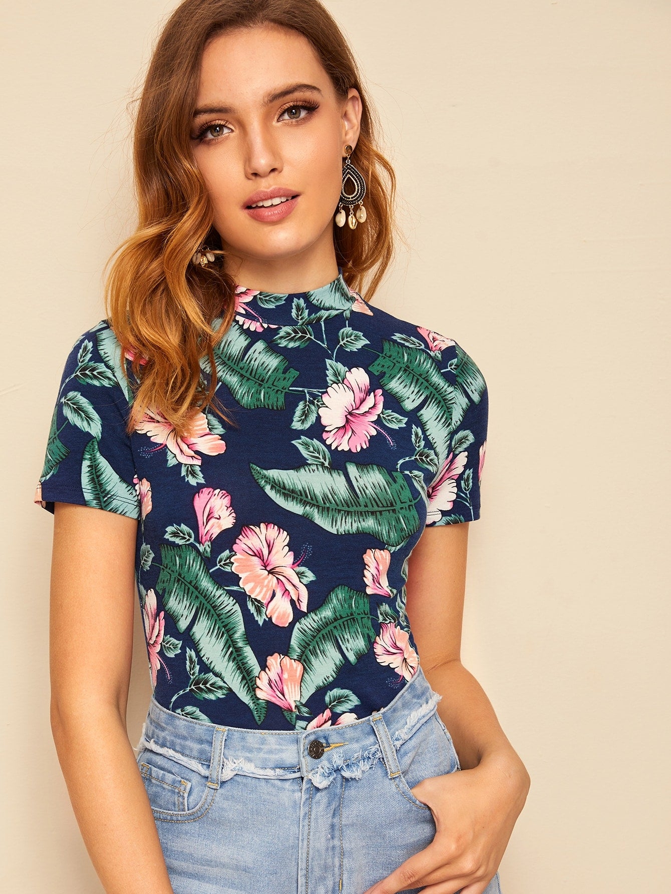 Mock Neck Tropical Print Tee