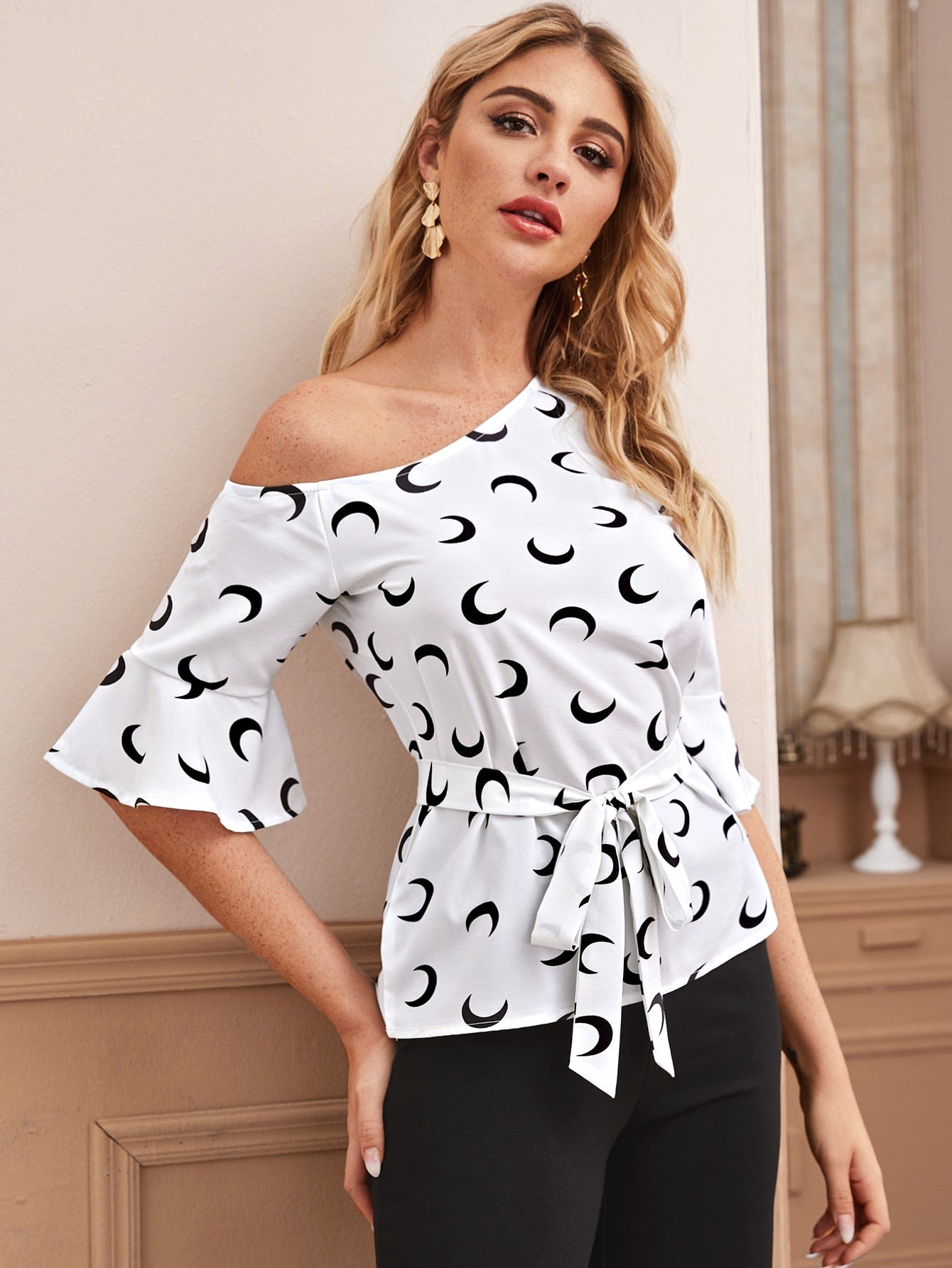 Moon Print Asymmetrical Neck Belted Blouse