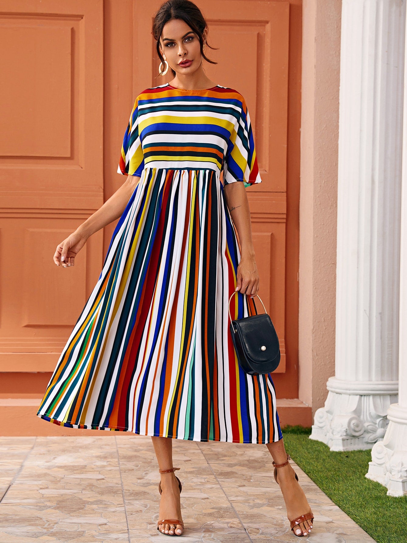 Multi-Striped Batwing Sleeve Long Dress