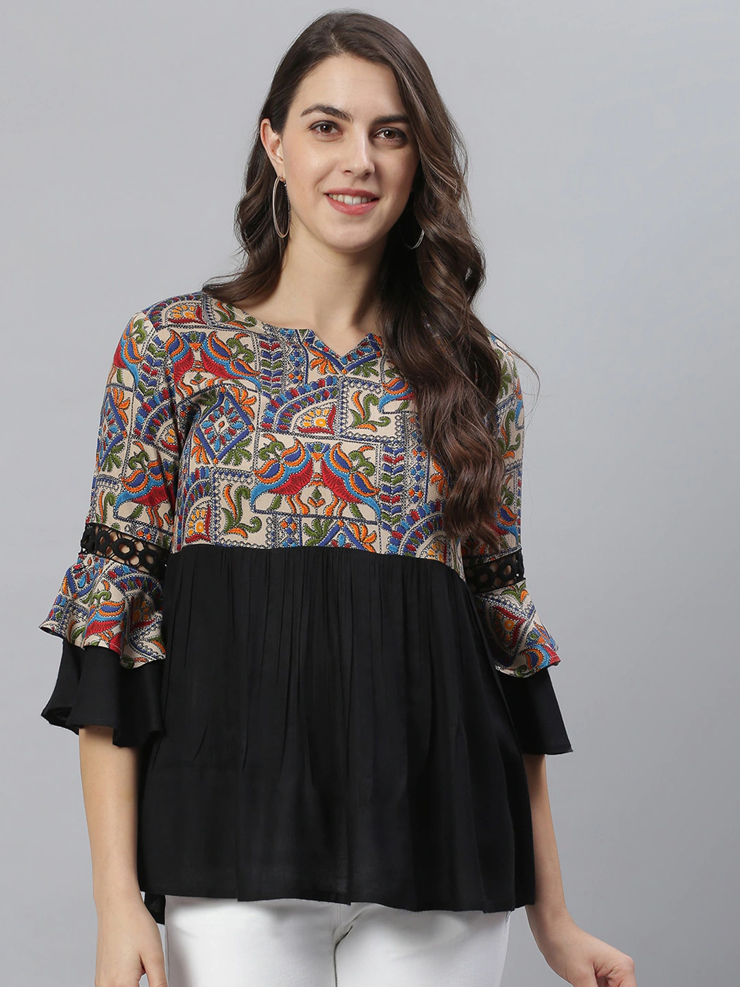 Multicoloured Ethnic Motifs Print Bell Sleeves Top