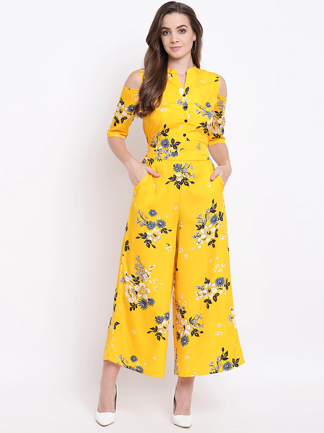 Mustard Yellow & Blue Printed Cold-Shoulder Jumpsuit