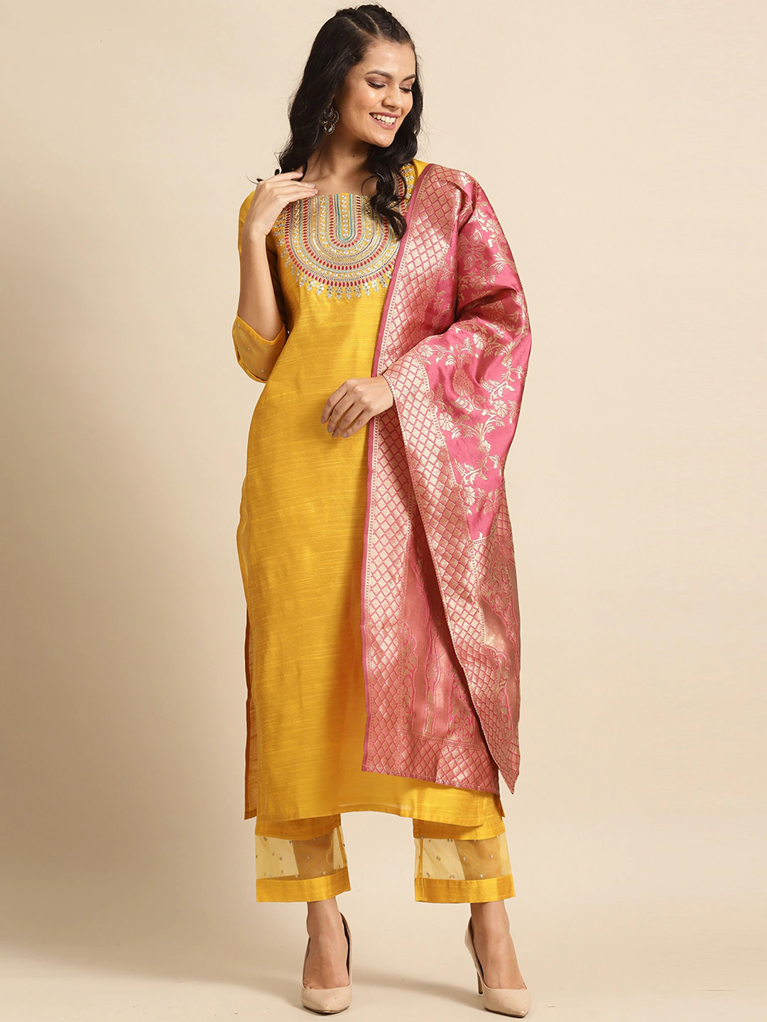 Mustard Yellow Ethnic Embroidered Kurta set