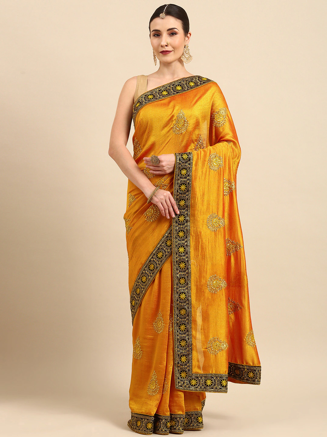 Mustard Yellow & Golden Embroidered Saree