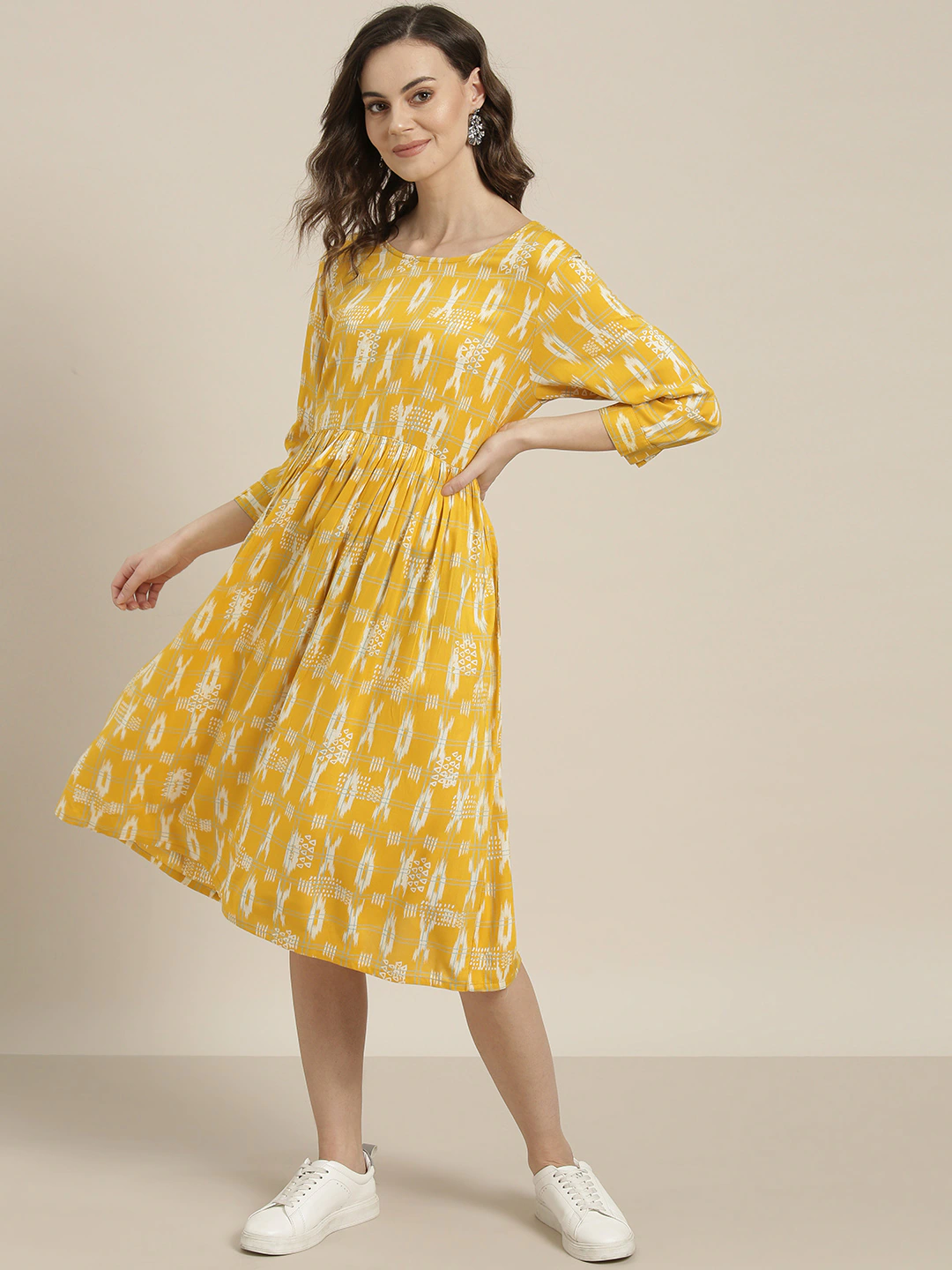 Mustard Yellow & Off-White A-Line Dress