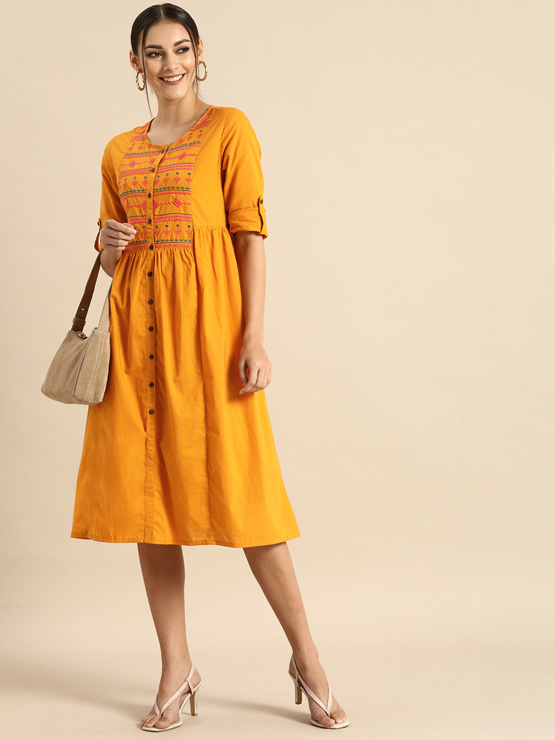 Mustard Yellow Pleated Cotton Dress