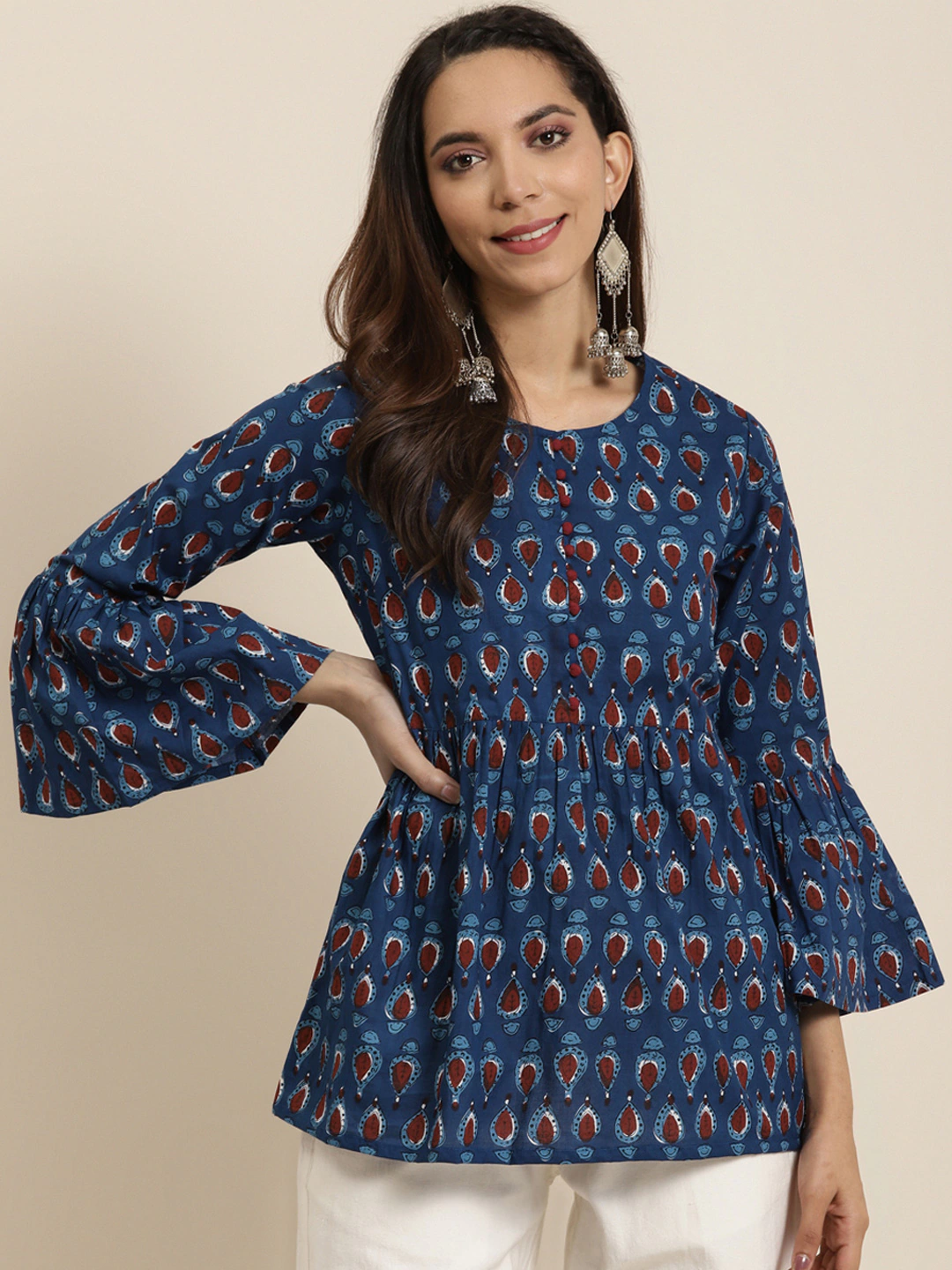 Navy Blue Bell Sleeves Pure Cotton Top