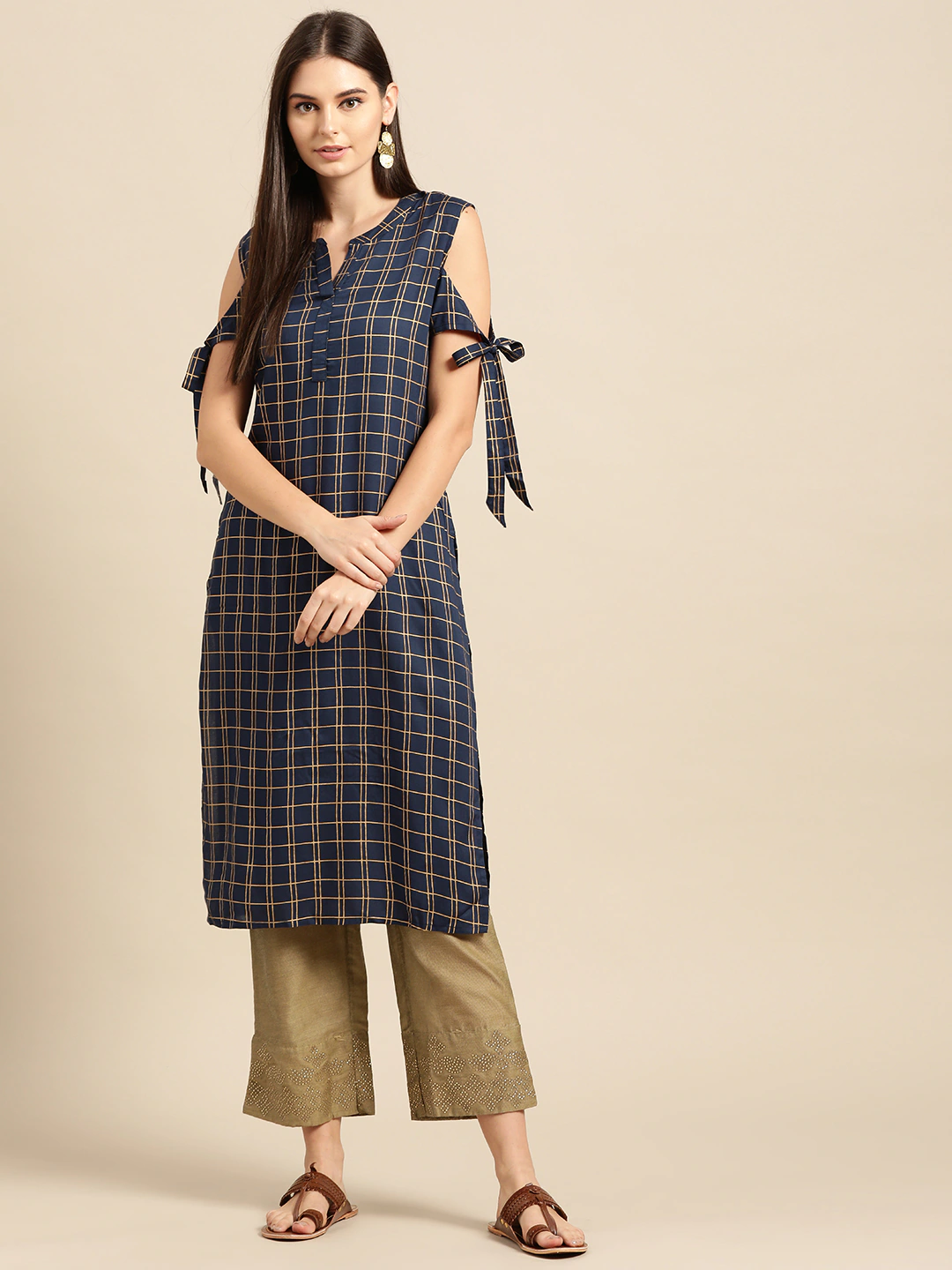 Navy Blue Checked Cotton Kurta Top