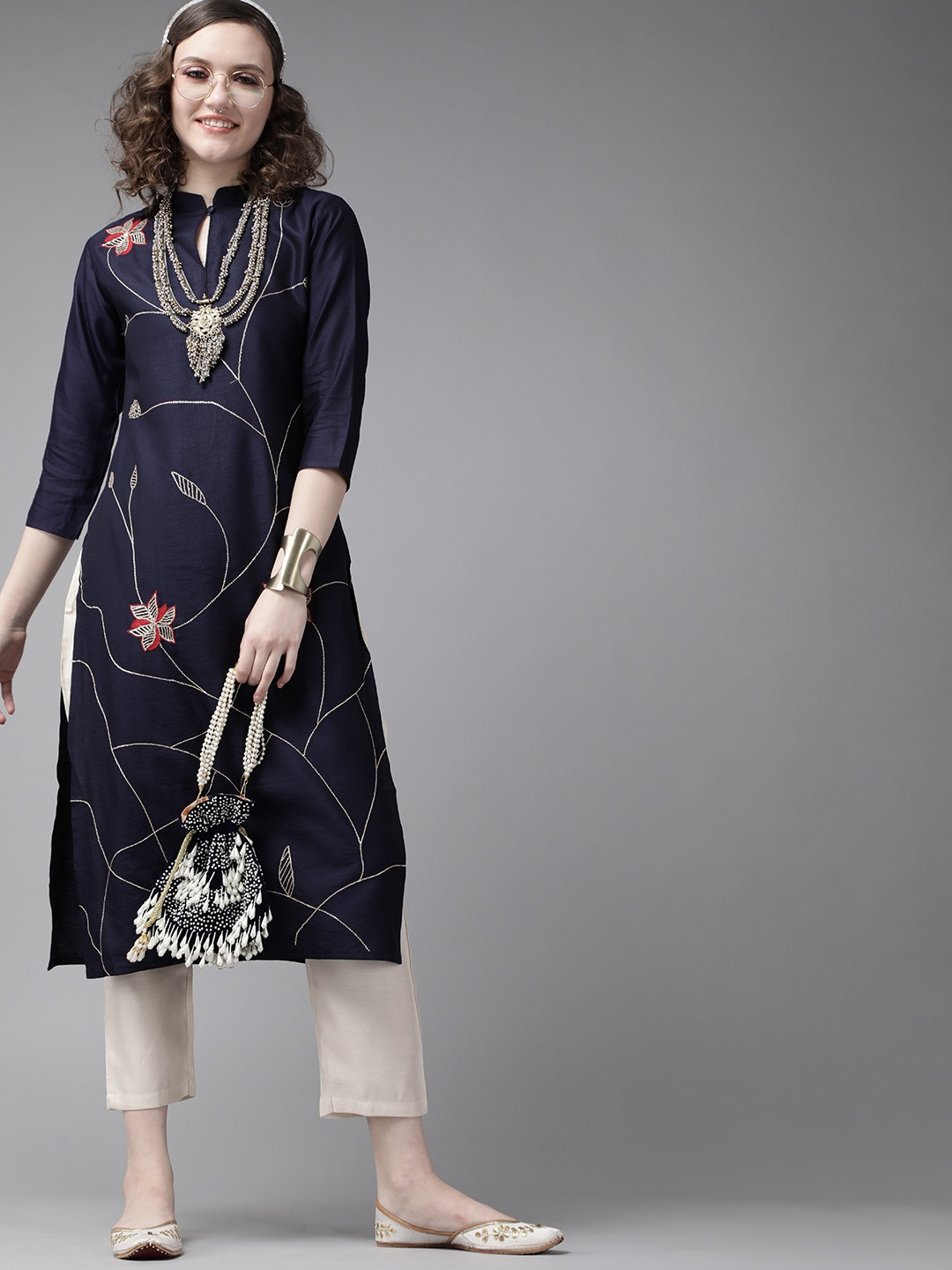 Navy Blue Embroidered Kurta Set