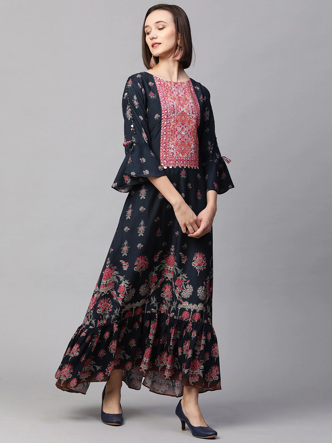 Navy Blue Ethnic Motifs Maxi Dress