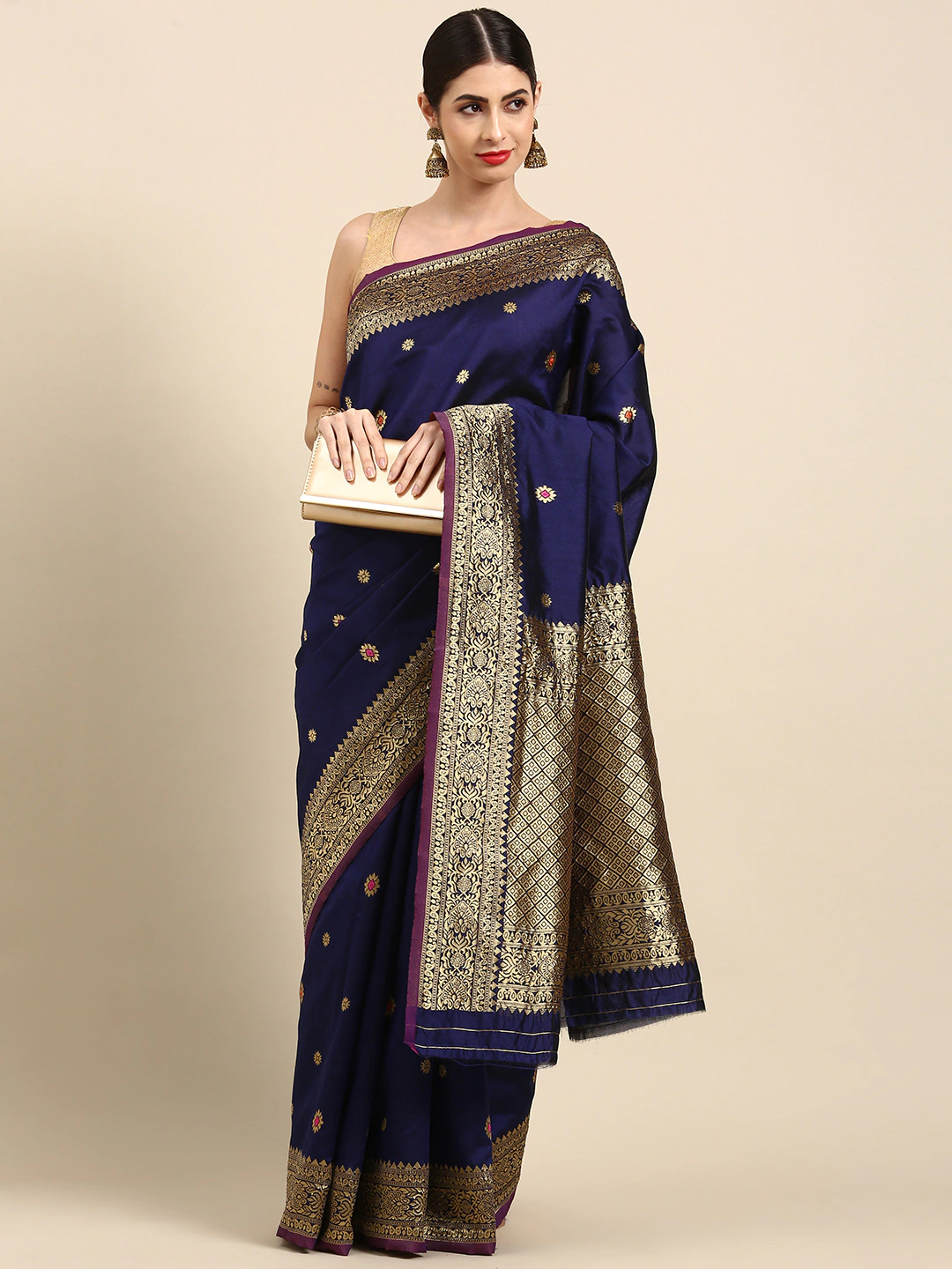 Navy Blue & Golden Motifs Kanjeevaram Silk Saree