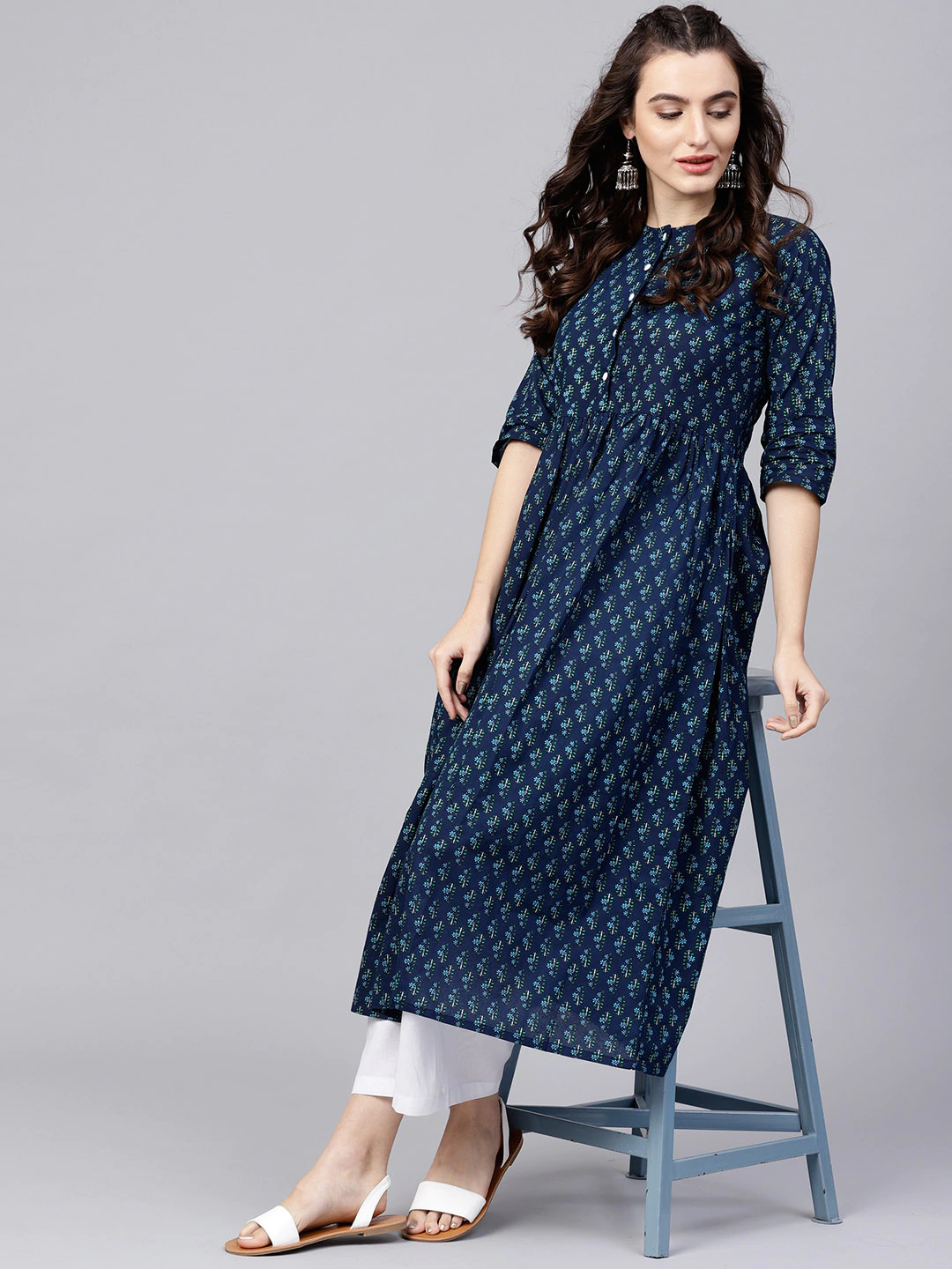 Navy Blue Kurta With Gathered Waist & Palazzos