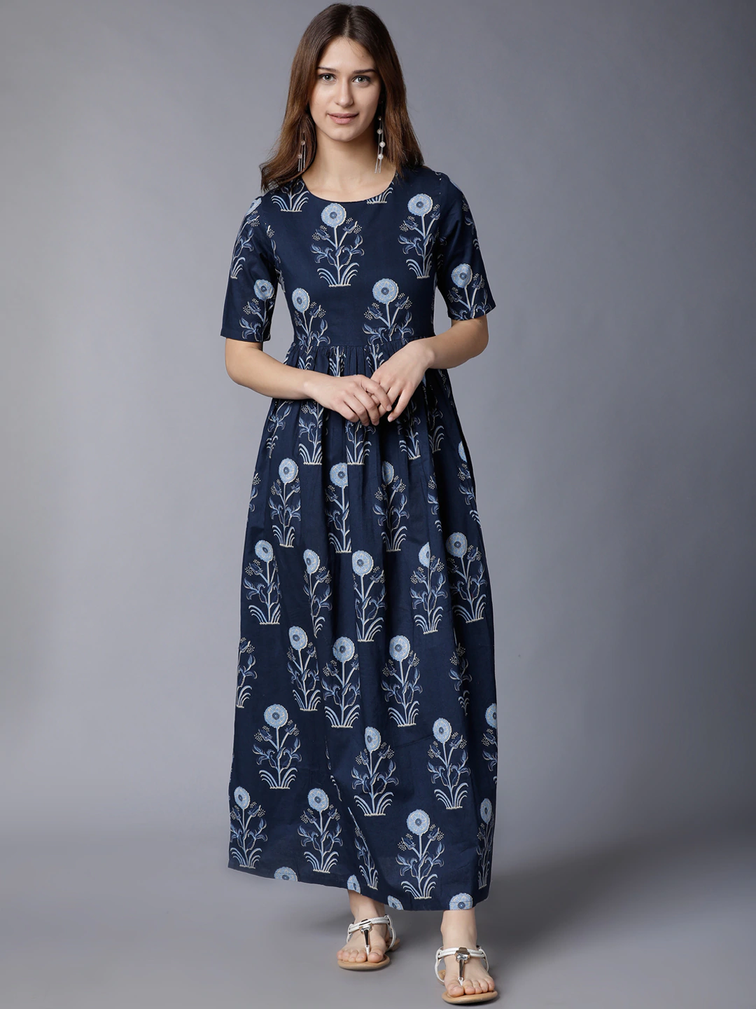 Navy Blue Printed Midi Dress