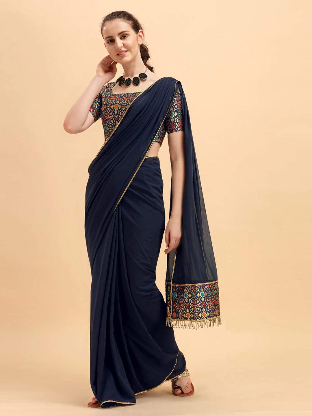 Navy Blue Solid Saree