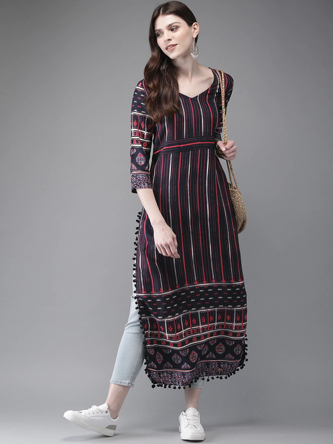 Navy Blue Striped Rayon Kurta