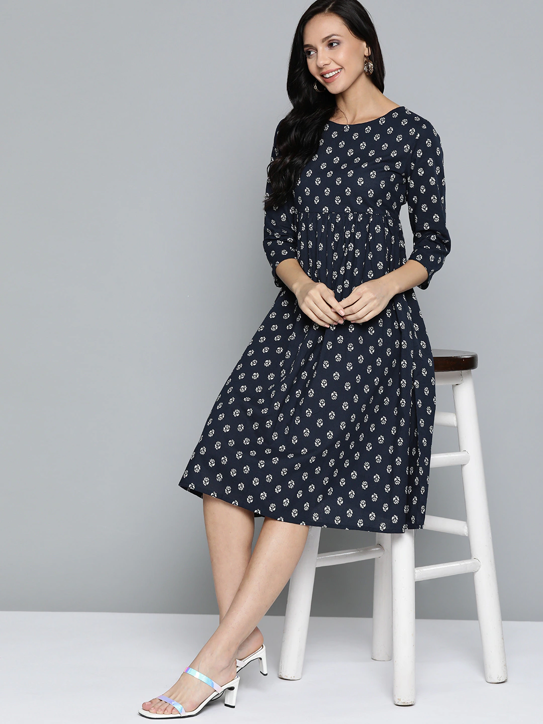 Navy Blue & White A-Line Midi Dress