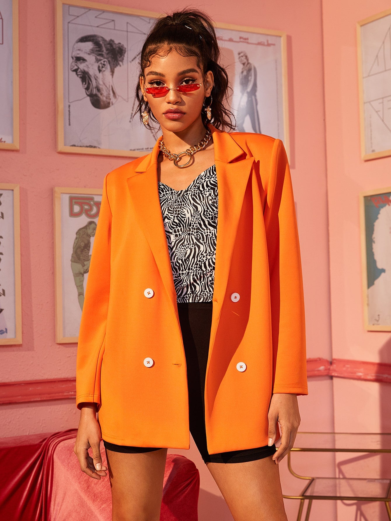 Neon Orange Double Breasted Blazer