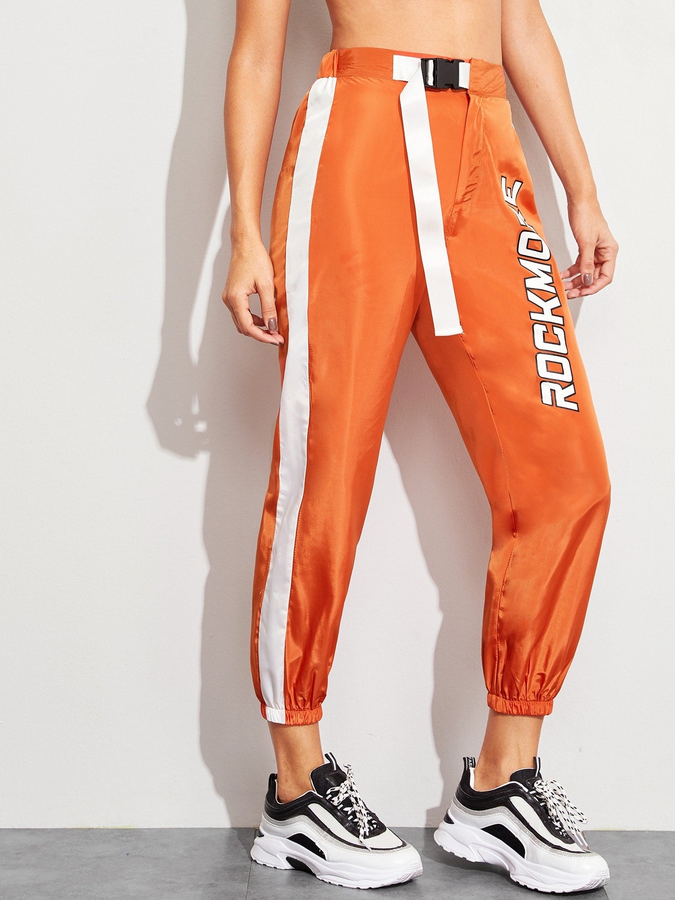 Neon Orange Letter Print Tape Sweatpants