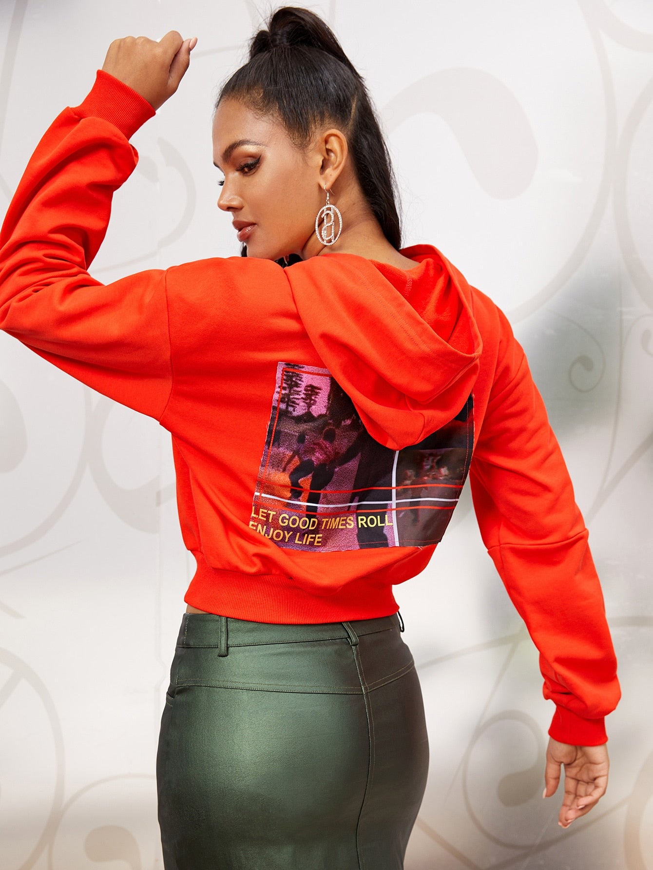 Neon Orange Slogan and Figure Graphic Hoodie