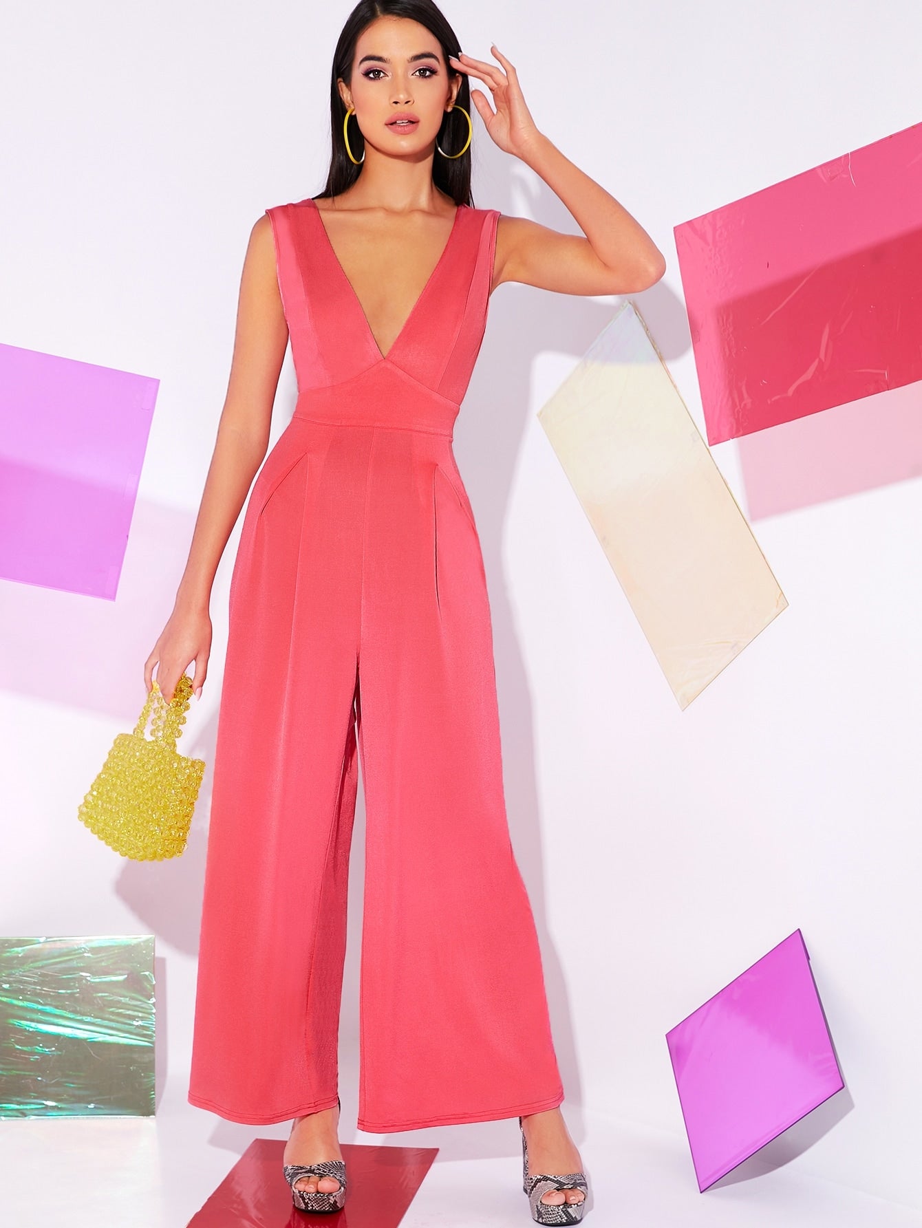 Neon Pink Plunging Neck Backless Wide Leg Jumpsuit