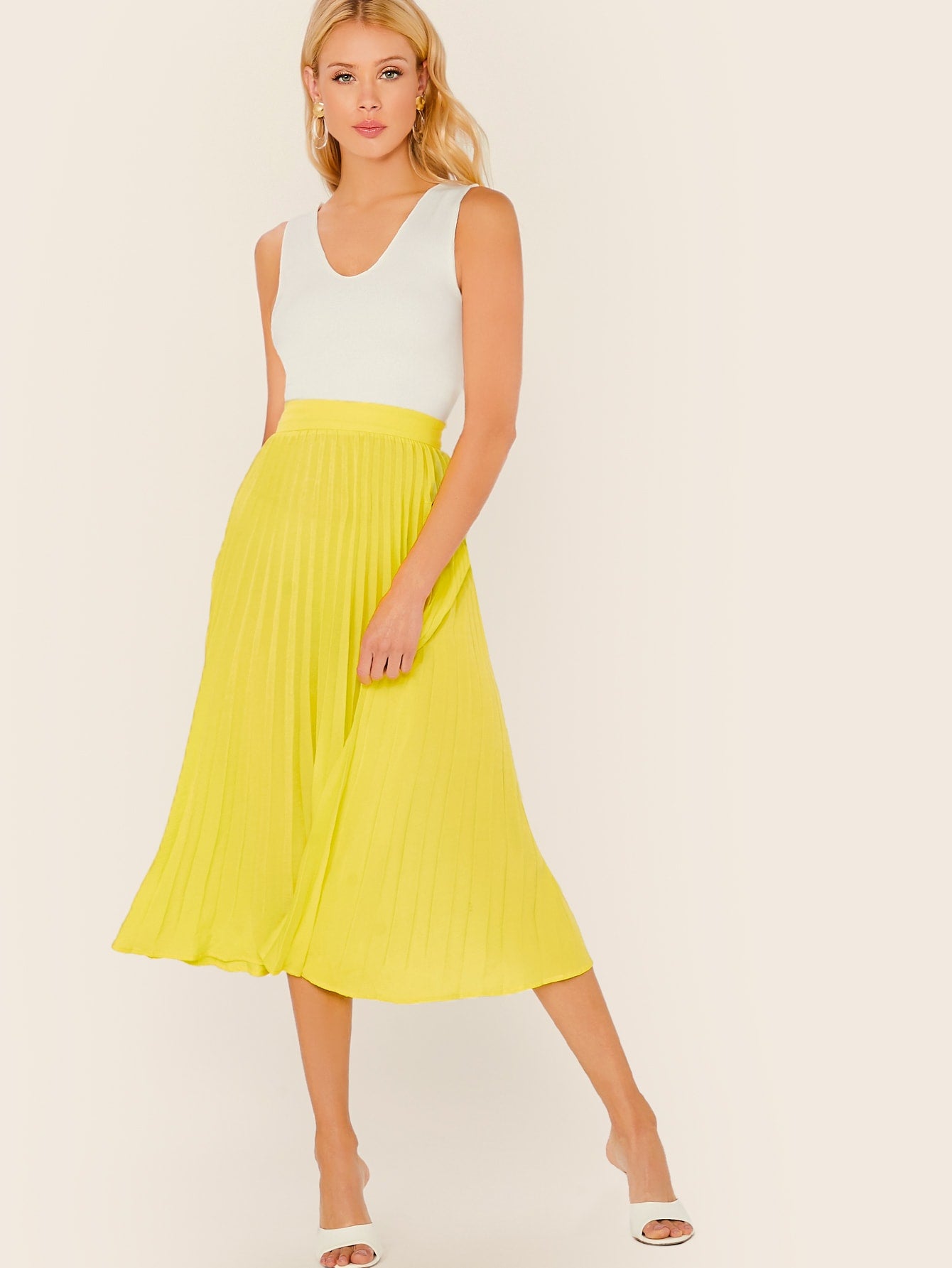 Neon Yellow High Waist Pleated Skirt