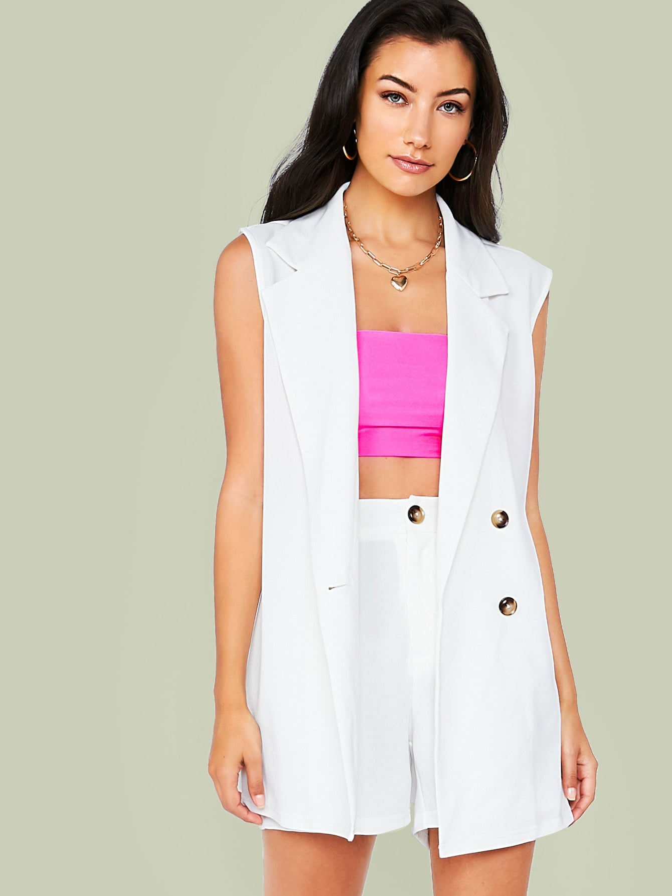 Notch Collar Buttoned Vest Blazer & Shorts Set