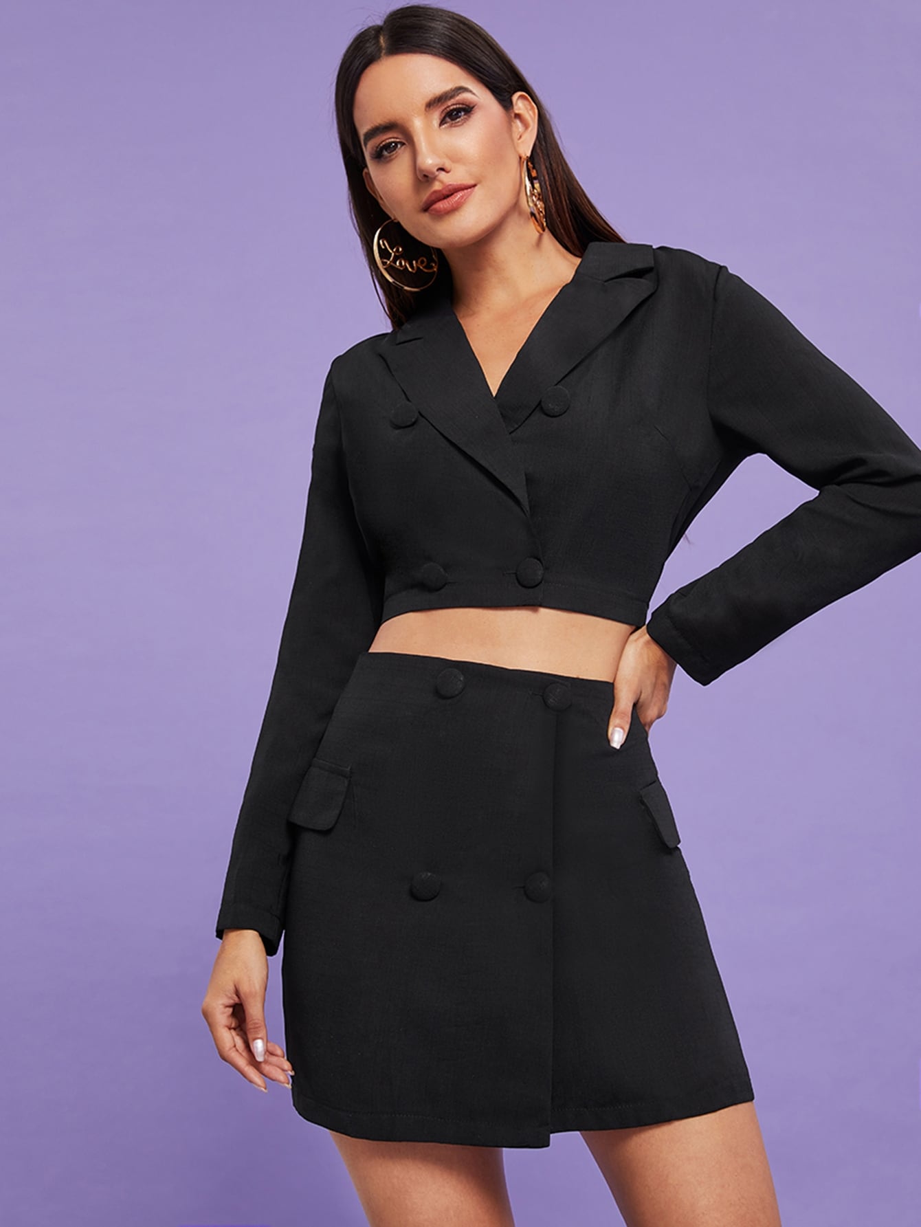 Notch Collar Double Breasted Crop Blazer With Skirt