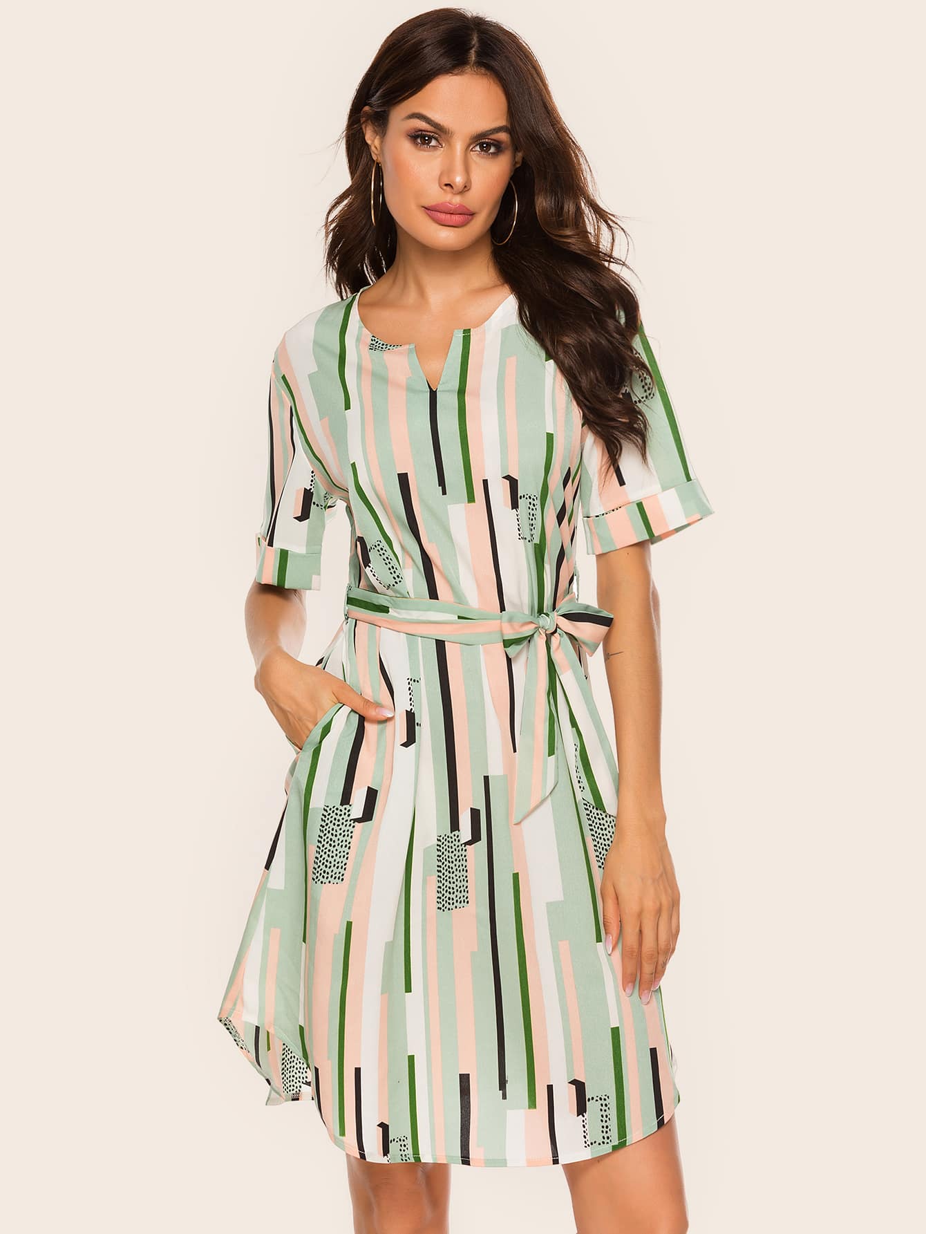 Notch Collar Rolled Sleeve Curved Hem Belted Dress