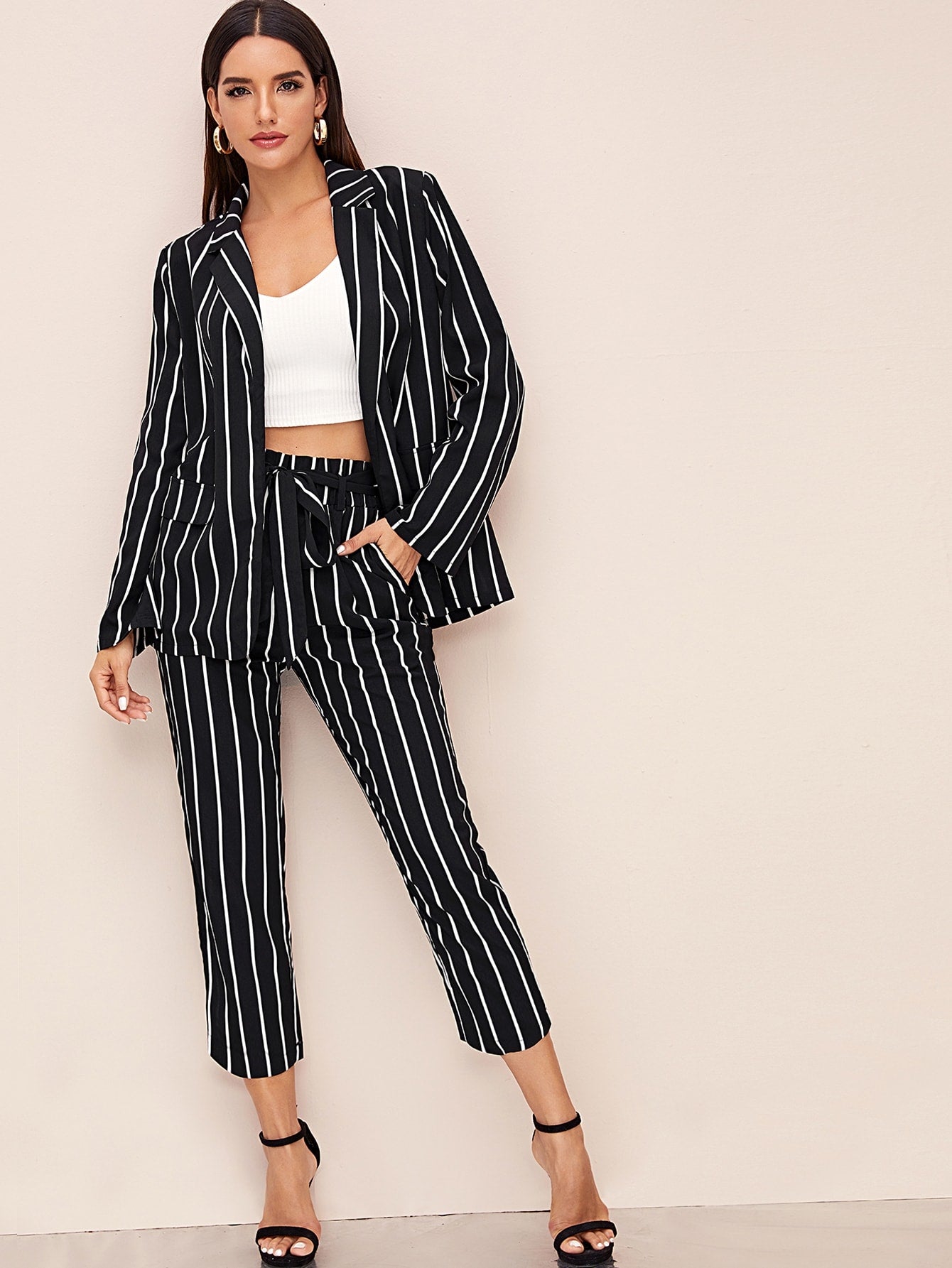 Notch Collar Striped Blazer & Paperbag Waist Belted Pants Set