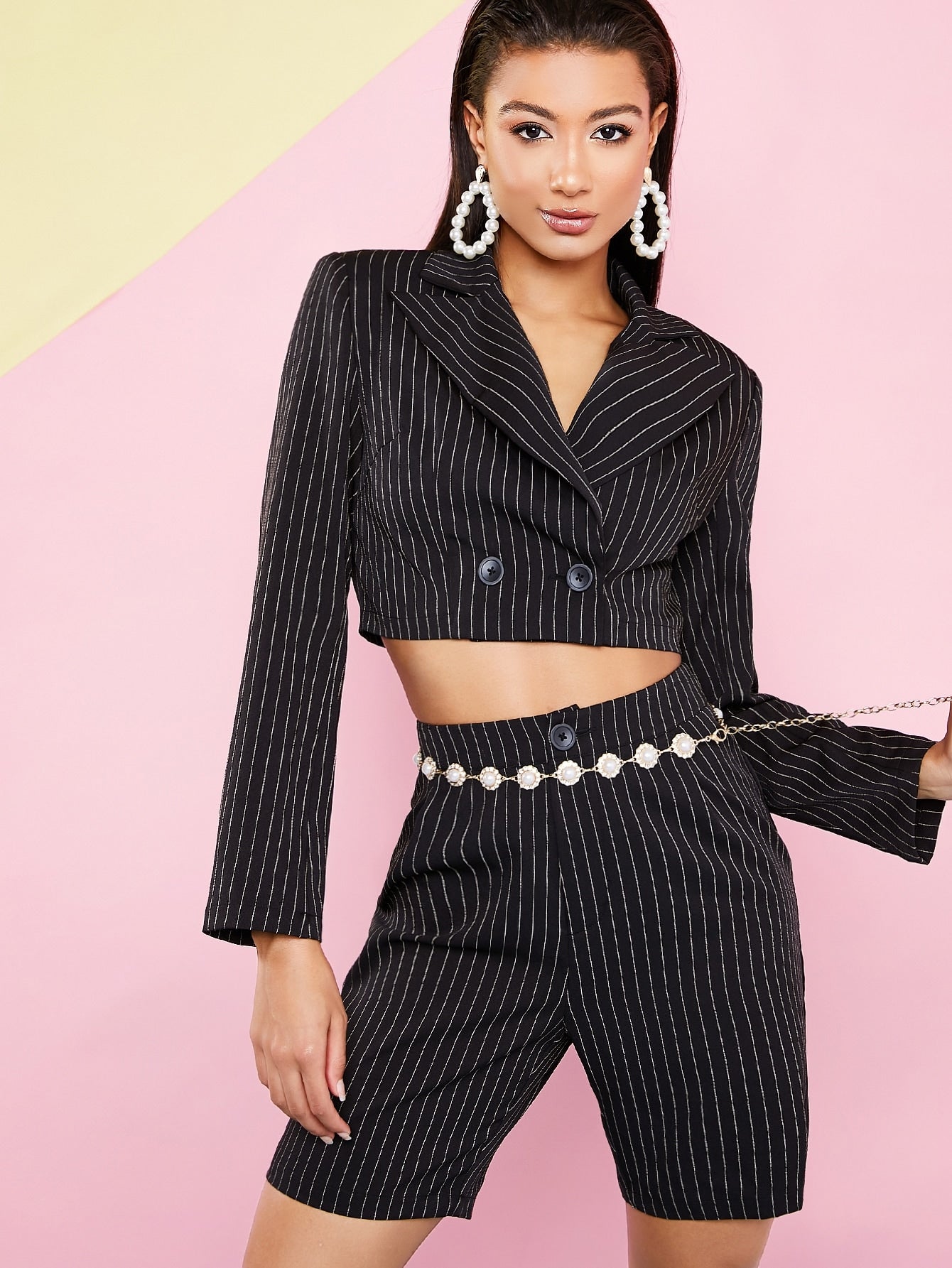 Notch Collar Striped Blazer & Shorts Set Without Chain