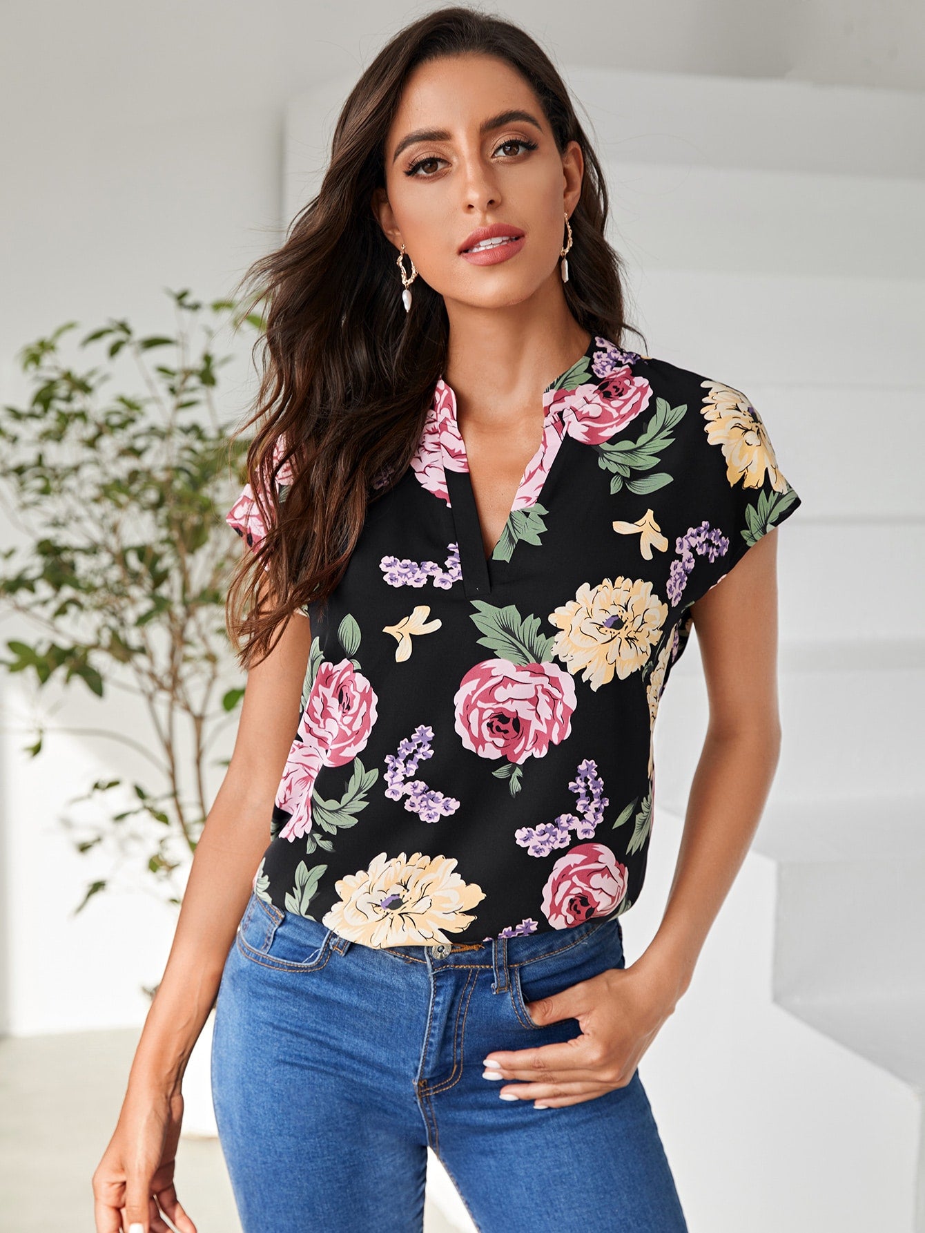 Notch Neck Allover Floral Blouse