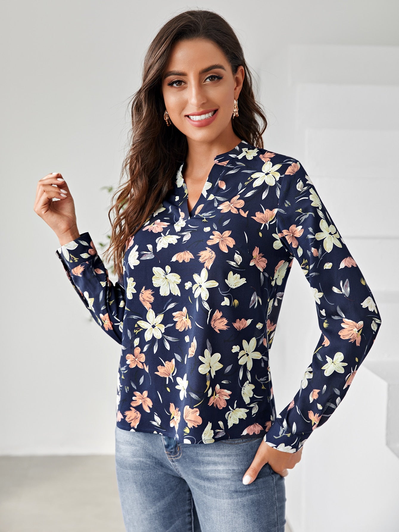 Notch Neck Allover Floral Blouse