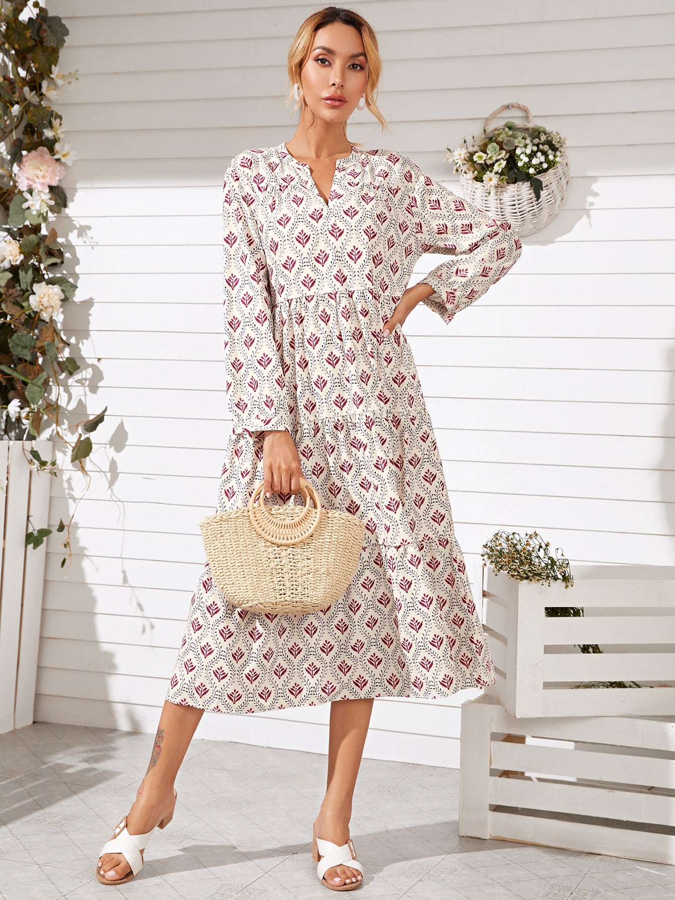 Notch Neck Allover Plants Smock Dress