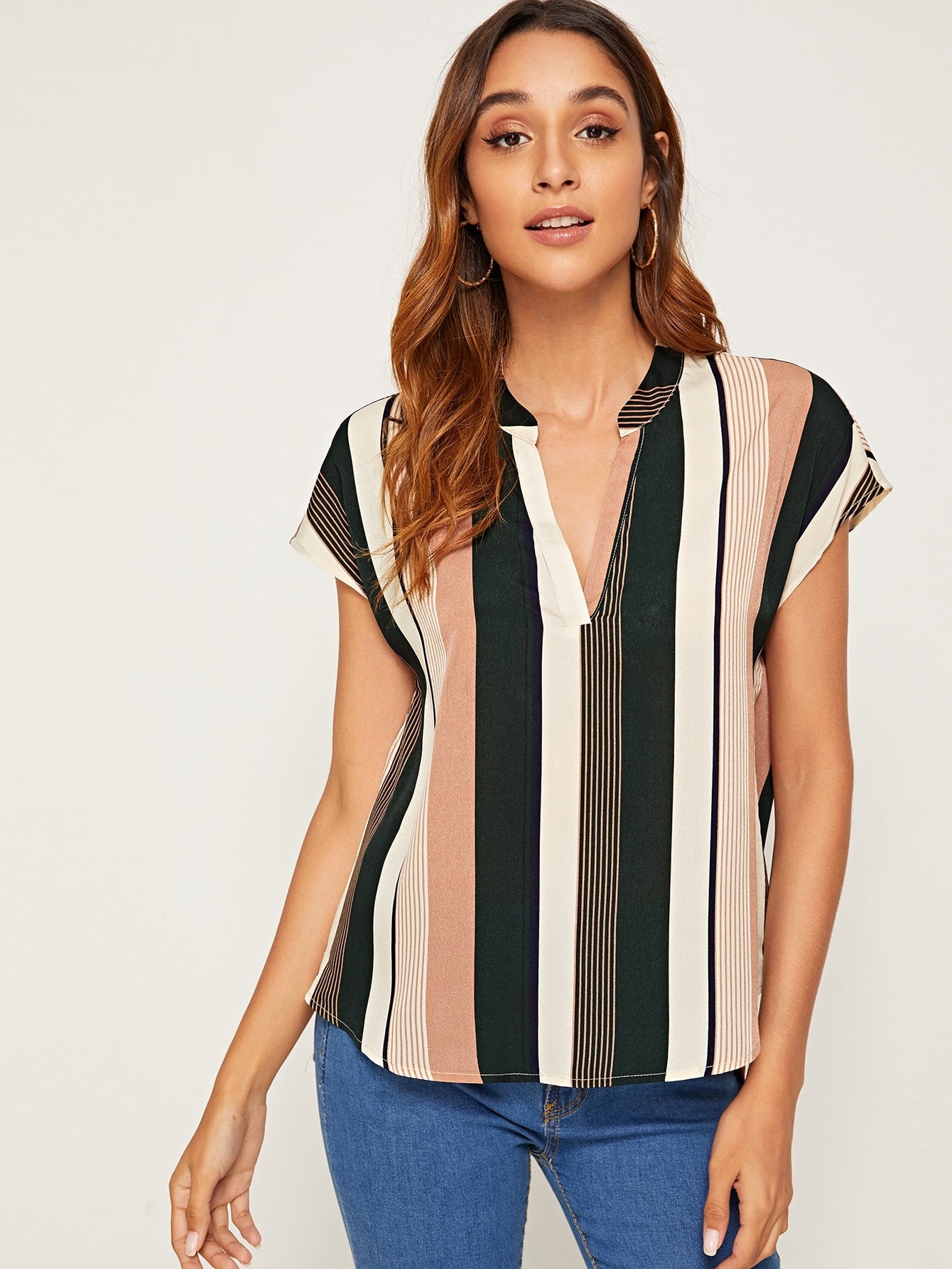 Notch Neck Batwing Sleeve Striped Top