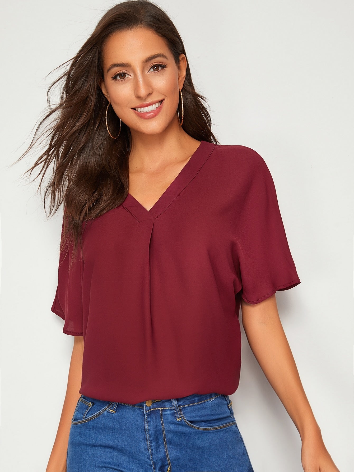 Notch Neck Batwing Sleeve Top